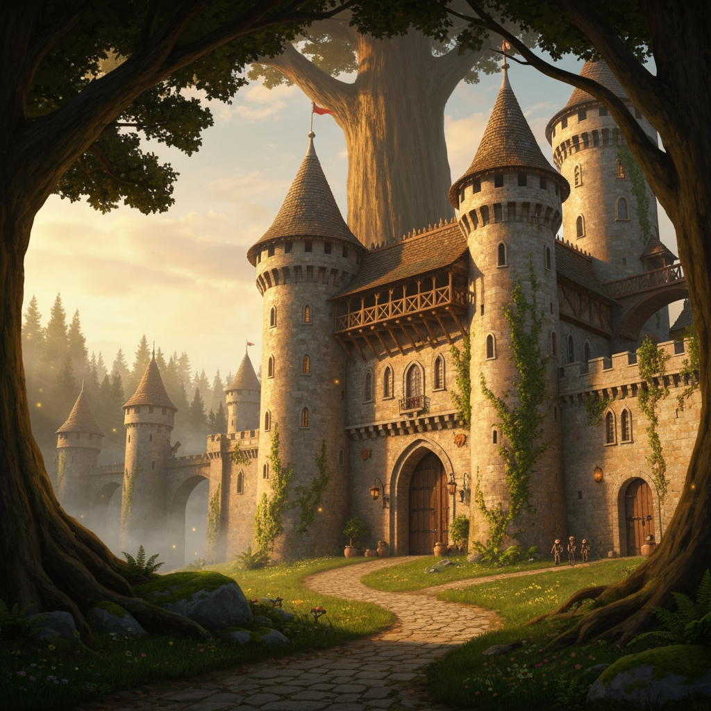 AI Design for Absolutely. Since you’re making the image yourself, I’d make the prompt emphasize the same cinematic realistic storybook look as your Jasper design, but make the castle feel like an actual landmark of Elderwood rather than a generic fantasy castle.
🏰 Elderwood Castle — Image Prompt
> A breathtaking medieval fantasy castle standing at the edge of the ancient Elderwood forest, designed in a cinematic realistic woodland storybook style. The castle should feel beautiful, mysterious, old, and completely believable, as though it has existed for centuries.
The castle is built from warm weathered gray and slightly golden stone, with tall rounded towers, elegant pointed rooftops, wooden balconies, stone bridges, narrow arched windows, carved details, ivy, moss and small plants growing naturally across the walls. Combine traditional medieval architecture with subtle woodland craftsmanship—wooden beams, carved leaves, tiny animal motifs, hanging lanterns, and beautifully crafted gates.
The castle should sit naturally among the enormous trees of Elderwood, with the ancient forest surrounding and partially framing it. Giant trees rise behind the castle, their branches forming a natural canopy around the towers. A winding stone-and-dirt road leads from the forest toward the enormous castle gates.
The scene should feel peaceful and majestic rather than dark or threatening. Warm late-afternoon sunlight filters through the trees, creating beautiful shafts of light and soft golden highlights across the castle walls. Include distant mist between the trees, subtle fireflies, moss-covered stones, wildflowers, ferns, fallen leaves and other tiny environmental details that make the forest feel alive.
Include only a few small cat guards in the distant background, standing near the castle entrance and along the walls. They should be realistic woodland cats wearing simple medieval guard clothing and carrying practical equipment. They are background details rather than the focus.
No main characters, no large groups of characters, no modern objects, no exaggerated magical effects.
Composition: wide cinematic establishing shot, castle clearly visible as the centerpiece, enormous forest surrounding it, winding path leading toward the entrance, strong sense of scale and depth.
Visual style: realistic detailed feline-and-woodland fantasy, natural realistic textures, believable stone and wood, detailed but not hyper-photorealistic, cinematic lighting, soft atmospheric depth, rich earthy greens and browns, warm golden sunlight, nostalgic storybook feeling, beautiful fantasy film concept art, subtly dreamlike and timeless.
I’d especially keep the fireflies and tiny environmental details subtle. That'll make it feel like the castle is genuinely sitting inside a living Elderwood rather than looking like a castle pasted onto a forest background.