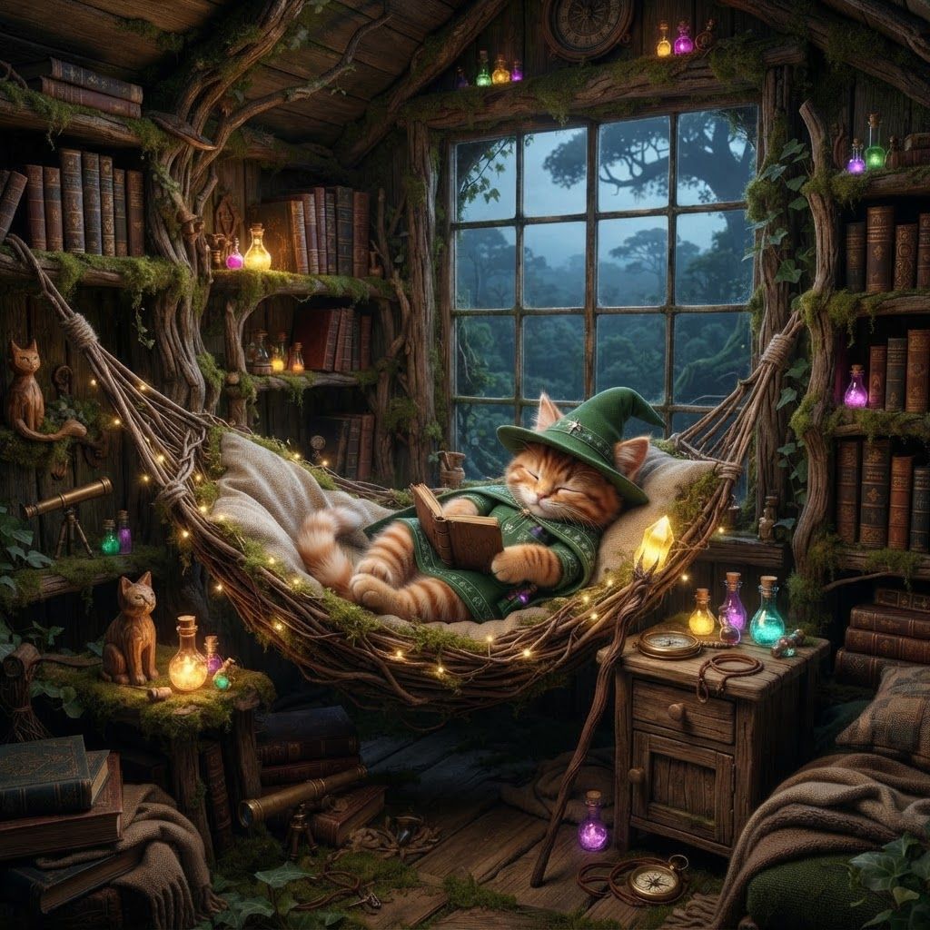 AI Design for 🌳 Greatwood Treehouse — wooden bedroom high among the branches, with a window overlooking the forest. Cat fantasy obviously like a bedroom that has like a hammock or something with this wizard cat sleeping I was like mossy and book shelves everywhere and this wizard like puts down his staff finally and he rest while he counts as potion bottles or something