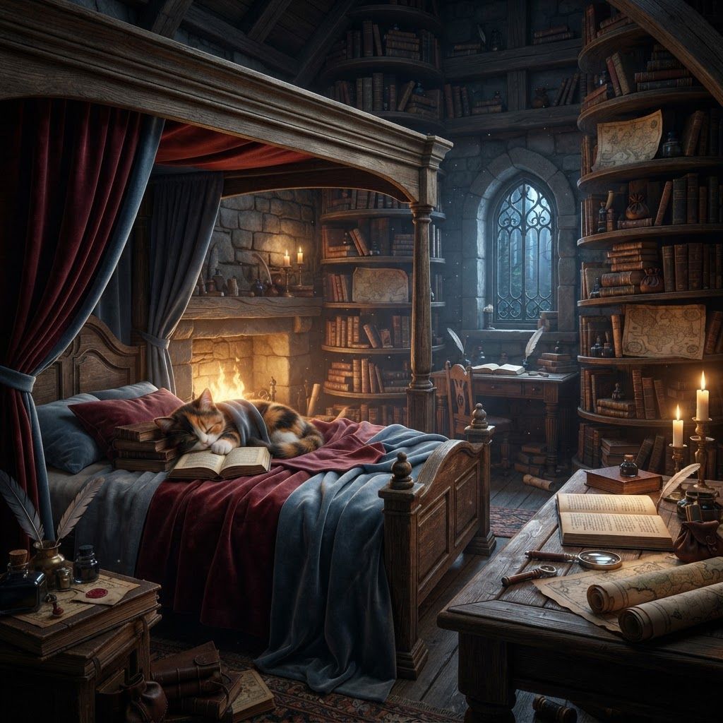 AI Design for ? Archive Loft — Revised Prompt
> A cozy medieval fantasy bedroom hidden inside the upper loft of an ancient woodland archive in Elderwood. The room has a gray, deep red, and muted blue color palette, with aged gray stone and weathered wooden beams. A large, tall four-poster bed dominates the room, covered in soft gray, deep red, and blue blankets. A calico cat librarian is peacefully sleeping in the bed, comfortably curled beneath the blankets.
A warm fireplace burns beside the bed, casting beautiful golden light across the cool gray walls and creating a cozy contrast with the red and blue furnishings. Huge bookshelves surround the room, filled with old books, scrolls, maps, manuscripts, ink bottles and quill pens. A wooden writing desk sits nearby with an open book and several carefully rolled maps.
A small arched window overlooks the dark Elderwood forest, with faint moonlight filtering through the trees. Candles, old brass fixtures, subtle dust particles, and tiny details of a working librarian's life make the room feel genuinely lived-in.
Realistic woodland fantasy aesthetic, cinematic dark-fantasy atmosphere, warm fireplace lighting, cool gray shadows, rich muted red and blue accents, detailed natural materials, nostalgic forgotten-childhood-fantasy feeling, beautiful and peaceful, slightly mysterious, believable medieval architecture, no modern objects. Essentially make you feel like candle it fireplace warm library that has a lot of books spiral bookshelves stairs reaching for big books and then you would have a calico cat wearing this up librarian outfit librarian outfit that would be very beautiful yet like he like the red librarian would wear this off and he's like a bibeetle cat for a fantasy series