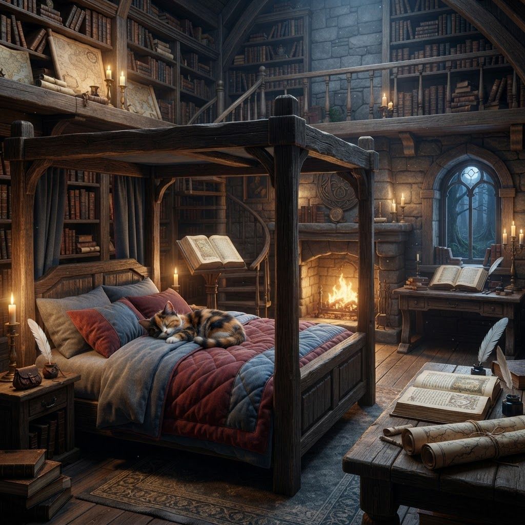 AI Design for ? Archive Loft — Revised Prompt
> A cozy medieval fantasy bedroom hidden inside the upper loft of an ancient woodland archive in Elderwood. The room has a gray, deep red, and muted blue color palette, with aged gray stone and weathered wooden beams. A large, tall four-poster bed dominates the room, covered in soft gray, deep red, and blue blankets. A calico cat librarian is peacefully sleeping in the bed, comfortably curled beneath the blankets.
A warm fireplace burns beside the bed, casting beautiful golden light across the cool gray walls and creating a cozy contrast with the red and blue furnishings. Huge bookshelves surround the room, filled with old books, scrolls, maps, manuscripts, ink bottles and quill pens. A wooden writing desk sits nearby with an open book and several carefully rolled maps.
A small arched window overlooks the dark Elderwood forest, with faint moonlight filtering through the trees. Candles, old brass fixtures, subtle dust particles, and tiny details of a working librarian's life make the room feel genuinely lived-in.
Realistic woodland fantasy aesthetic, cinematic dark-fantasy atmosphere, warm fireplace lighting, cool gray shadows, rich muted red and blue accents, detailed natural materials, nostalgic forgotten-childhood-fantasy feeling, beautiful and peaceful, slightly mysterious, believable medieval architecture, no modern objects. Essentially make you feel like candle it fireplace warm library that has a lot of books spiral bookshelves stairs reaching for big books and then you would have a calico cat wearing this up librarian outfit librarian outfit that would be very beautiful yet like he like the red librarian would wear this off and he's like a bibeetle cat for a fantasy series