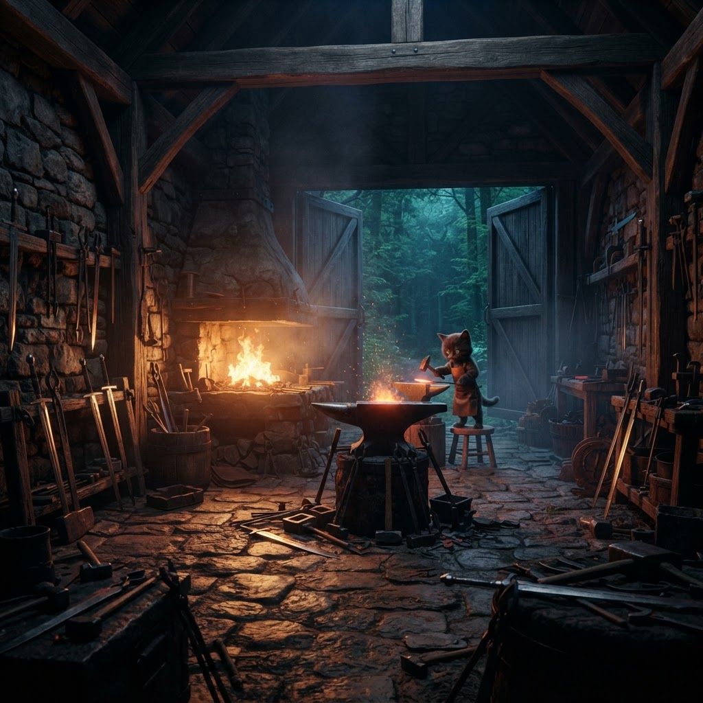 AI Design for ⚒️ 3. Elderwood Forge
Photorealistic cinematic dark-fantasy forge built into the heart of Elderwood. A massive rustic blacksmith workshop constructed from dark timber, rough gray stone and heavy iron. A glowing forge burns brightly in the center, illuminating anvils, hammers, tongs, molds, unfinished swords and pieces of metal. Sparks occasionally rise from the forge while warm orange light reflects naturally across the stone floor and metal surfaces. Wooden racks hold tools and partially completed weapons. Large open doors reveal the dark green forest outside. A small cat blacksmith may be visible in the distant background working at an anvil. Realistic metal, stone, fire, smoke and wood textures, dramatic cinematic lighting, photorealistic live-action fantasy film aesthetic, dark atmospheric shadows, subtle film grain, no cartoon appearance.