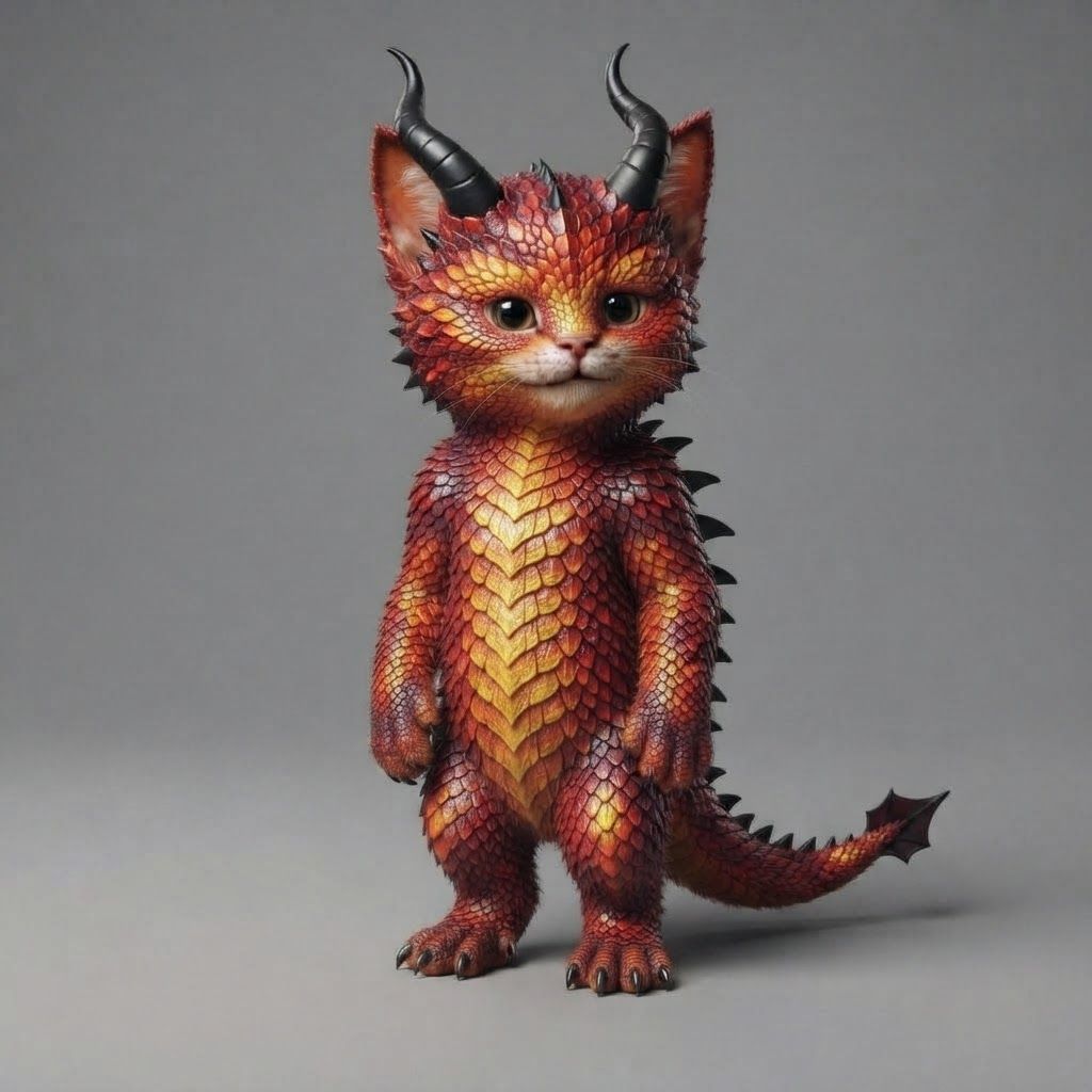 AI Design for Turn this cat into a red dragon cat and remove the hair mane show me kid red yellow and orange make it scaly and give it Black horns and spikes