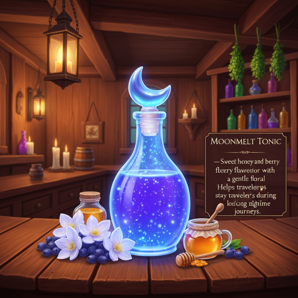 AI Design for 🍹 1. Moonmelt Tonic
Prompt:
A beautifully presented fantasy potion called Moonmelt Tonic displayed prominently on a wooden tavern counter inside the cozy Bushwhack Tavern in Elderwood. The drink is a vivid luminous blue-purple color with tiny silver sparkling particles floating through it, served in a charming glass bottle with a crescent-moon-shaped stopper. Around the bottle are Moonmelt Blossoms, Silverdew Berries and a small jar of golden honey. Warm tavern lanterns, wooden beams, shelves of colorful bottles, hanging herbs and soft candlelight in the background. The drink is perfectly centered and completely visible, colorful and visually striking. Include an elegant fantasy information placard beside it reading: MOONMELT TONIC — Sweet honey and berry flavor with a gentle floral finish. Helps travelers stay awake during long nighttime journeys. Cinematic realistic woodland fantasy, vibrant colors, handcrafted medieval aesthetic, beautiful atmospheric lighting. Make look realistic REALYSTIC IMAGE