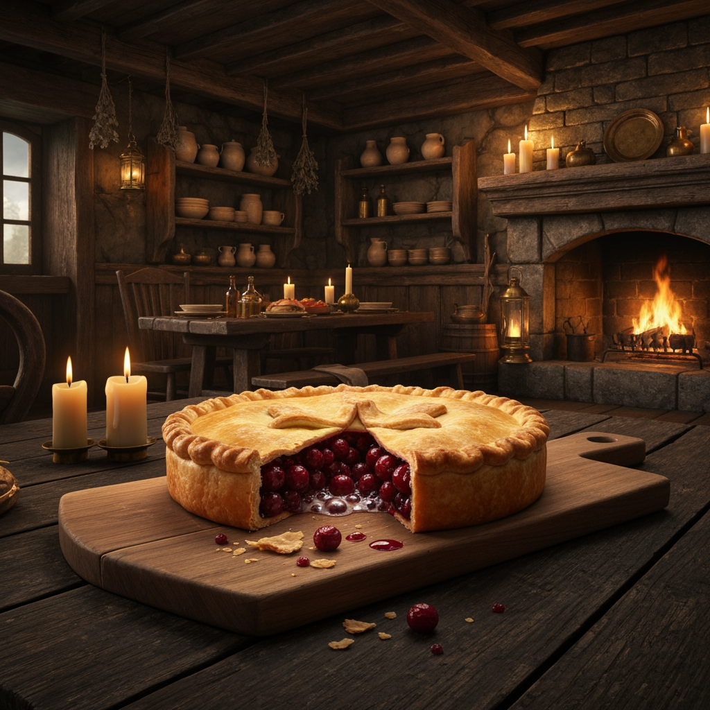 AI Design for 🥧 Example — Thornberry Pie
A rustic Thornberry Pie sits on a heavy wooden serving board. It has a beautifully baked golden-brown flaky crust with slightly uneven handmade edges. Several dark ruby-red Thornberries are visible through a small opening in the crust, with glossy berry filling bubbling gently underneath. A little steam rises from the freshly baked pie. A few crumbs and tiny drops of berry filling sit naturally on the wooden board.
The pie should look extremely appetizing and freshly baked, with realistic pastry layers, glossy fruit filling and warm golden highlights from the fireplace.🍽️ Master Elderwood Tavern Style
Put this at the very beginning of every prompt:
Photorealistic cinematic dark-fantasy food photography inside a cozy medieval woodland tavern in Elderwood. This is a real, physically believable tavern, not an illustration. The interior has aged dark wooden tables, rough stone walls, exposed wooden beams, shelves filled with ceramic dishes and bottles, hanging dried herbs, candles, brass lanterns, and a large stone fireplace. Warm amber firelight and candlelight illuminate the room, creating soft realistic shadows and highlights, while the corners of the tavern remain naturally darker and atmospheric. The scene feels warm, rustic, lived-in and slightly mysterious, like a still frame from a high-budget live-action dark-fantasy film. Realistic materials, realistic food textures, natural imperfections, subtle cinematic film grain, shallow depth of field.
Then add:
The food is the clear centerpiece of the image. It must look genuinely delicious, freshly prepared, warm, edible and appetizing, with realistic textures, steam, moisture, crumbs, sauces and natural imperfections. It should look like real medieval cuisine with fantastical ingredients—not cartoon food, not toy-like food, not plastic, not an illustration. How to catch chef that just finished making your meal and he's looking at you to see if you like it a bipedal cat chef but he's not too like slim and Slender he's that perfect balance to like tall and slightly more chubby so make sure to add the cat understand the cat should be any color you like just a cat chef wearing this like medieval cat kitchen cat cat cat cat cat cat