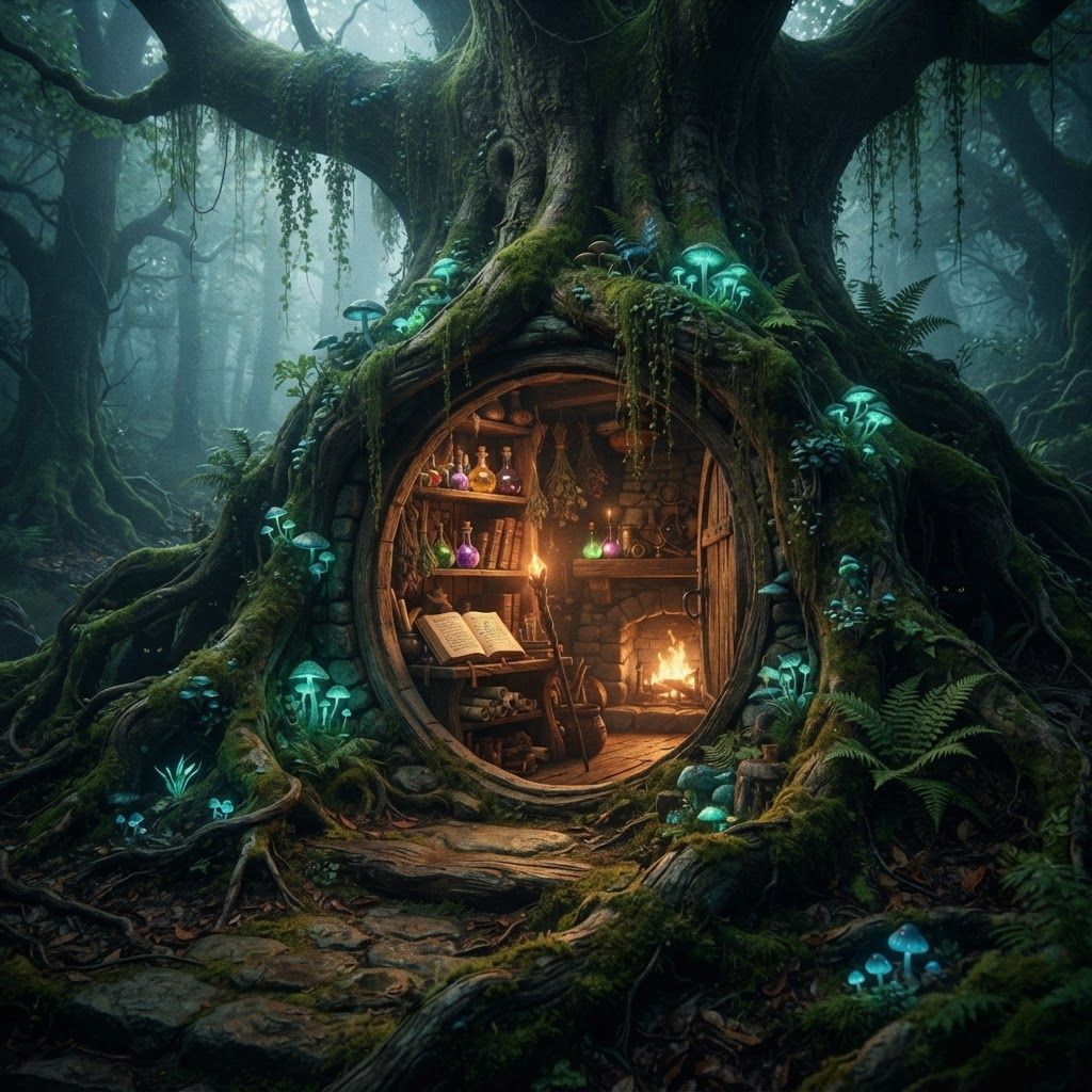 AI Design for 🧙 9. The Wizard's Hollow
Photorealistic cinematic dark-fantasy location deep inside Elderwood: a secluded wizard's workshop built into the roots of an enormous ancient tree. The rounded wooden-and-stone entrance is surrounded by moss, vines, mushrooms and glowing plants. Inside, visible through an open doorway, are wooden shelves containing colorful glass bottles, dried plants, old books, scrolls and strange magical objects. A warm fireplace illuminates the interior while the surrounding forest remains dark and misty. The architecture feels handmade, old and believable rather than exaggerated. Realistic glass, wood, stone, plants and firelight, cinematic depth of field, subtle film grain, mysterious woodland atmosphere, photorealistic live-action dark fantasy, no cartoon or illustration.