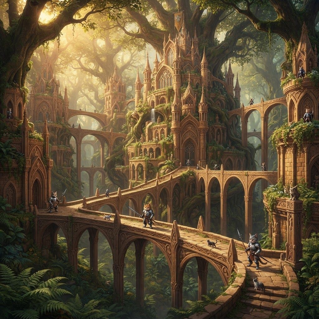 AI Design for Design a unique castle for a cat fantasy series that is beautiful unique you know beautiful Forest and it is essentially from a top-down view and there are a lot of bridges like Castle like pillars and it's very beautiful overall there's just like a really nice castle for this like fantasy series but it isn't way too dark or evil and it just like the perfect mix of good and good complex or anything and don't do a top down view more of just do a forward look onto the castle there's a lot of pillars but don't make it look like cats just make it look like cats would be there like some cat guards