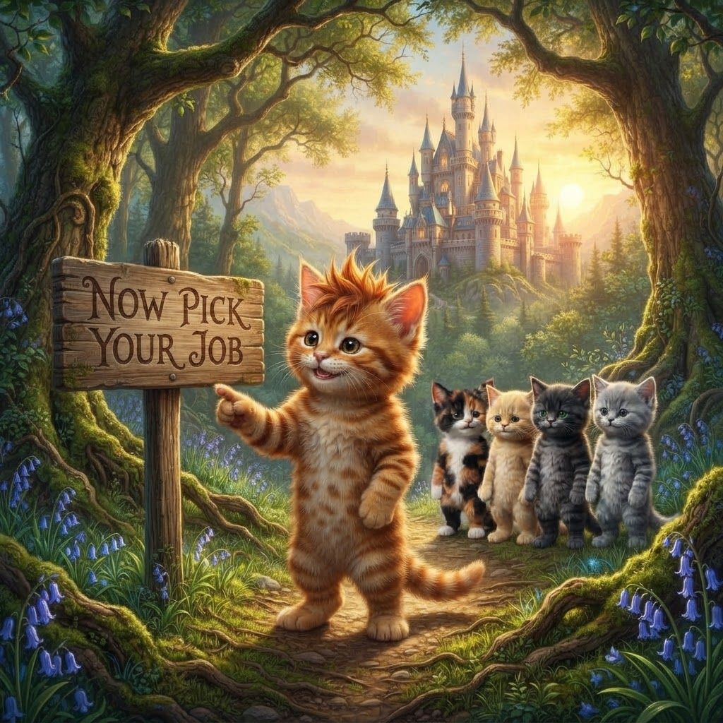 AI Design for So make these cats be in a fictional Forest with the castle and assigned it says now  pick your job with the orange tabby ginger CAD with the brown stripes be like in the focus and he's pointing to the sign of his finger