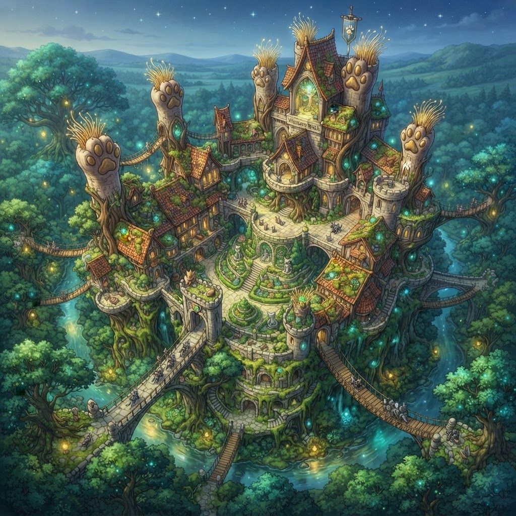 AI Design for Design a unique castle for a cat fantasy series that is beautiful unique you know beautiful Forest and it is essentially from a top-down view and there are a lot of bridges like Castle like pillars and it's very beautiful overall there's just like a really nice castle for this like fantasy series but it isn't way too dark or evil and it just like the perfect mix of good and good