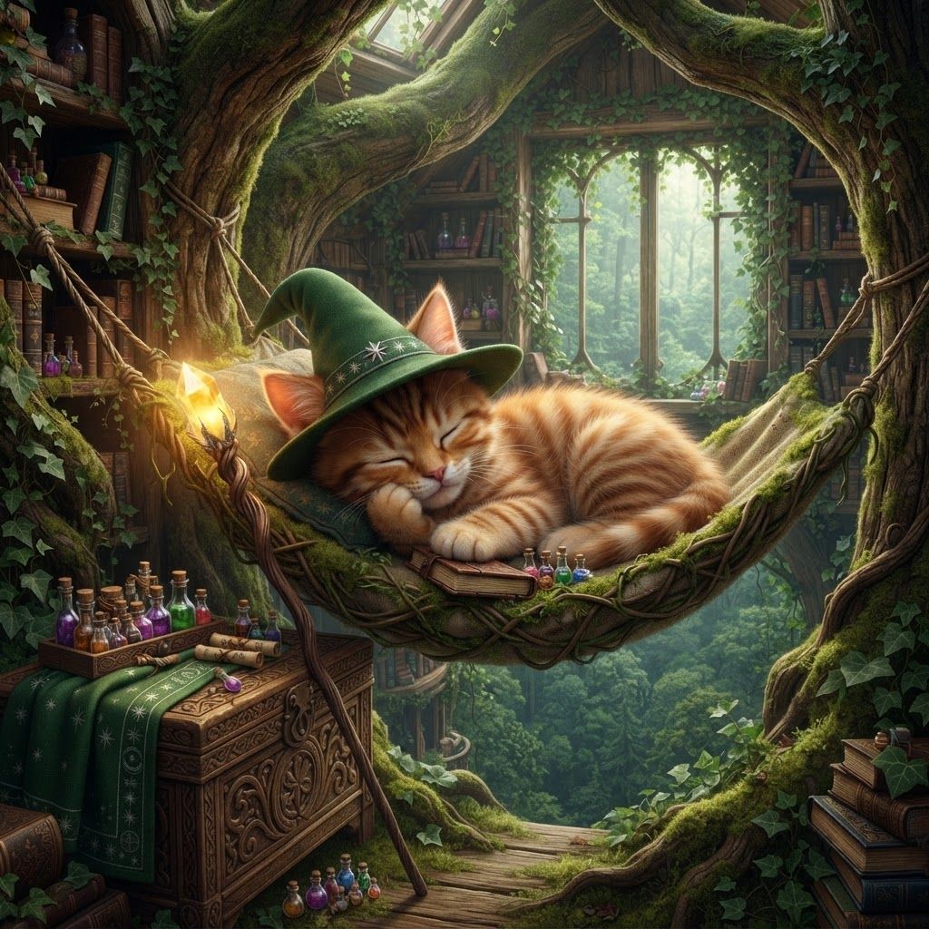 AI Design for 🌳 Greatwood Treehouse — wooden bedroom high among the branches, with a window overlooking the forest. Cat fantasy obviously like a bedroom that has like a hammock or something with this wizard cat sleeping I was like mossy and book shelves everywhere and this wizard like puts down his staff finally and he rest while he counts as potion bottles or something make you look like he's high in the trees and obviously don't forget to not mess up as details there's like include all the parts his ear tips stripes his hair