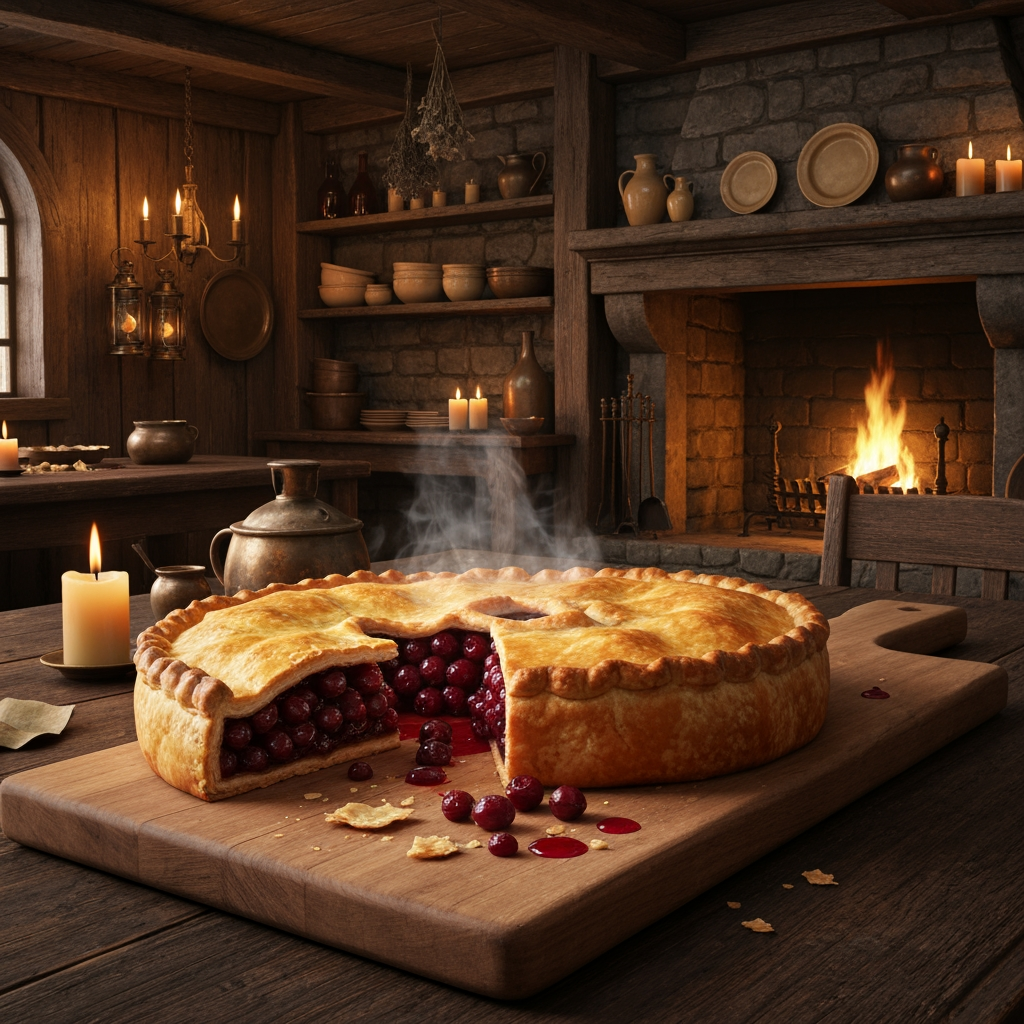 AI Design for 🥧 Example — Thornberry Pie
A rustic Thornberry Pie sits on a heavy wooden serving board. It has a beautifully baked golden-brown flaky crust with slightly uneven handmade edges. Several dark ruby-red Thornberries are visible through a small opening in the crust, with glossy berry filling bubbling gently underneath. A little steam rises from the freshly baked pie. A few crumbs and tiny drops of berry filling sit naturally on the wooden board.
The pie should look extremely appetizing and freshly baked, with realistic pastry layers, glossy fruit filling and warm golden highlights from the fireplace.🍽️ Master Elderwood Tavern Style
Put this at the very beginning of every prompt:
Photorealistic cinematic dark-fantasy food photography inside a cozy medieval woodland tavern in Elderwood. This is a real, physically believable tavern, not an illustration. The interior has aged dark wooden tables, rough stone walls, exposed wooden beams, shelves filled with ceramic dishes and bottles, hanging dried herbs, candles, brass lanterns, and a large stone fireplace. Warm amber firelight and candlelight illuminate the room, creating soft realistic shadows and highlights, while the corners of the tavern remain naturally darker and atmospheric. The scene feels warm, rustic, lived-in and slightly mysterious, like a still frame from a high-budget live-action dark-fantasy film. Realistic materials, realistic food textures, natural imperfections, subtle cinematic film grain, shallow depth of field.
Then add:
The food is the clear centerpiece of the image. It must look genuinely delicious, freshly prepared, warm, edible and appetizing, with realistic textures, steam, moisture, crumbs, sauces and natural imperfections. It should look like real medieval cuisine with fantastical ingredients—not cartoon food, not toy-like food, not plastic, not an illustration. How to catch chef that just finished making your meal and he's looking at you to see if you like it