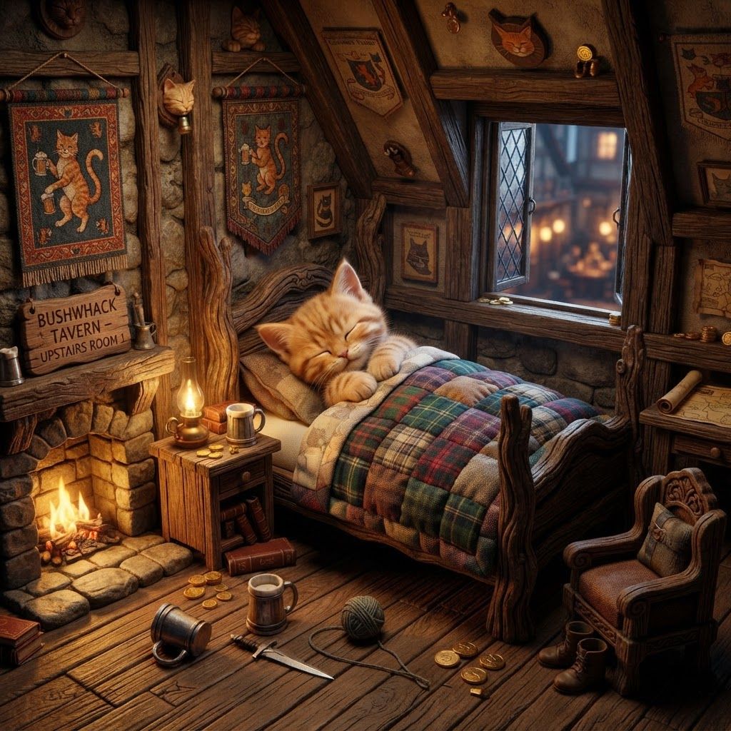 AI Design for 🍺 The Tavern Room — little upstairs room above Bushwhack Tavern. You can hear muffled conversations downstairs. Cat fantasy bedroom for a tavern with this bipetal cat sleeping comfortably snug I'm just kind of weird Tavern vibe