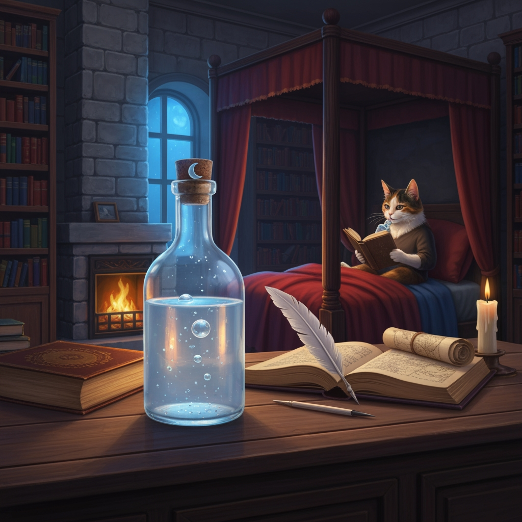 AI Design for 📚🍵 Archive Loft Drinks
🌙 1. Moonmelt Tonic
Flavor:
Sweet honey, soft berries, and a faint floral aftertaste. It finishes with a gentle coolness.
How it's taken:
Served warm or room-temperature in a small glass bottle. The librarian takes slow little sips while reading, rather than drinking it all at once.
Image prompt — drink:
A beautifully presented fantasy drink called Moonmelt Tonic, displayed alone on an old wooden library table inside the Elderwood Archive Loft. A small elegant glass bottle filled with translucent pale-blue liquid, tiny silver-blue particles floating inside, a few moon-shaped bubbles near the surface, a cork stopper decorated with a tiny crescent moon. Beside it are an open ancient book, a quill, rolled maps and a candle. Warm fireplace light reflects beautifully through the bottle, contrasting with cool blue moonlight from the window. Gray, deep red and muted blue surroundings, cinematic realistic woodland fantasy, highly detailed glass and liquid, cozy scholarly atmosphere, no characters, the bottle and drink clearly visible and centered.
Image prompt — drinking:
A realistic calico cat librarian sitting comfortably in the tall four-poster bed of the Elderwood Archive Loft, peacefully reading an old book while holding a small glass bottle of Moonmelt Tonic in one paw and taking a gentle sip. Warm fireplace glowing nearby, gray stone walls, deep red and blue blankets, bookshelves surrounding the room, cozy nighttime atmosphere, cinematic realistic fantasy, natural feline proportions, peaceful and nostalgic.
