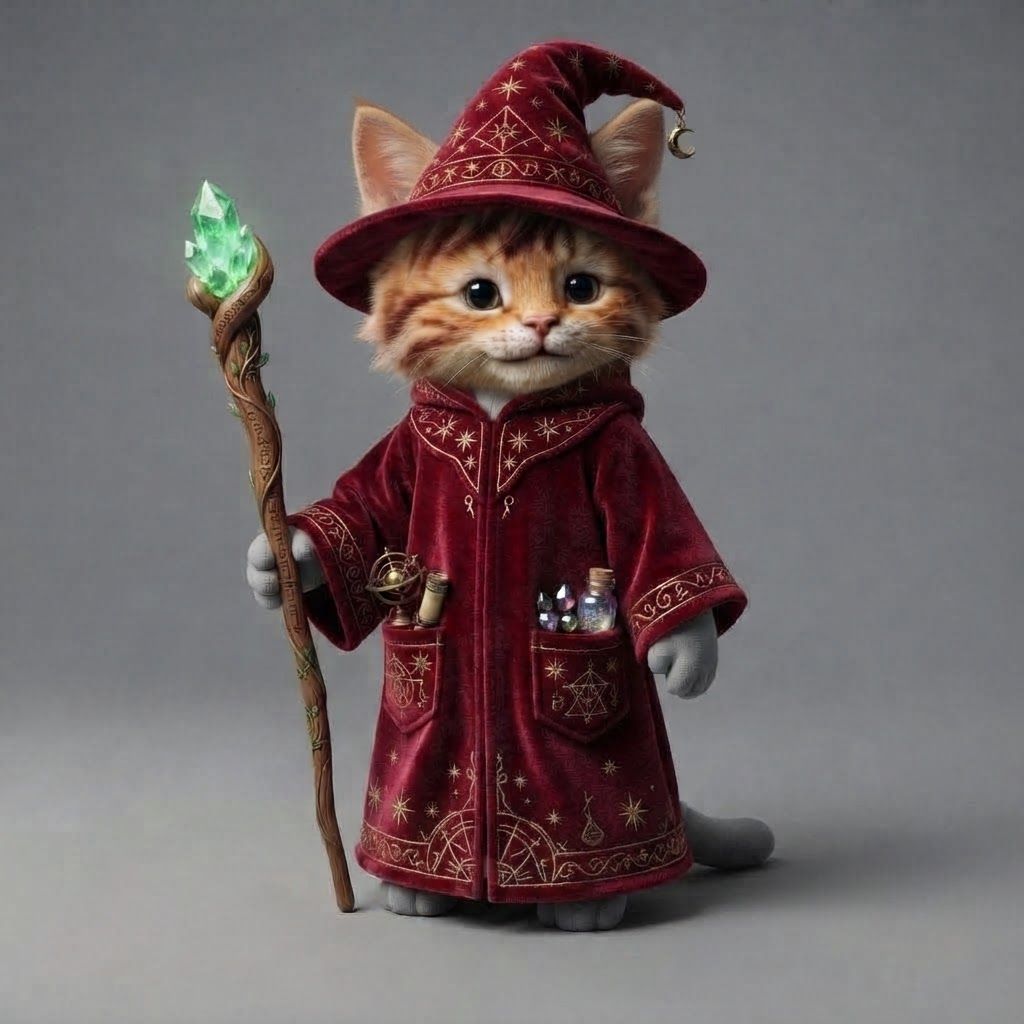 AI Design for Take the red wizard robe and place it on the tabby cat thank you very much