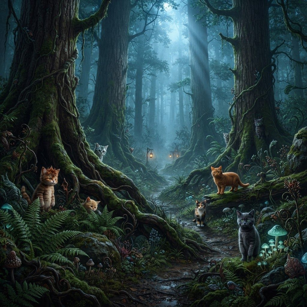 AI Design for 🌿 5. Deepwood
Photorealistic cinematic dark-fantasy landscape of the Deepwood, an untouched section of ancient forest beyond Elderwood Village. Enormous old trees tower overhead, their roots twisting through moss-covered rocks and the forest floor. Dense ferns, mushrooms, vines and strange woodland plants grow naturally everywhere. Narrow paths disappear into thick mist between the trees. Tiny warm lights from distant lanterns are barely visible through the fog. Shafts of cool moonlight pass through the canopy while the deeper forest remains dark and mysterious. The environment feels beautiful but unexplored, peaceful yet slightly mysterious. Realistic foliage, bark, moss, wet soil, mist and natural lighting, cinematic live-action fantasy film aesthetic, subtle film grain, cat characters, no cartoon appearance.