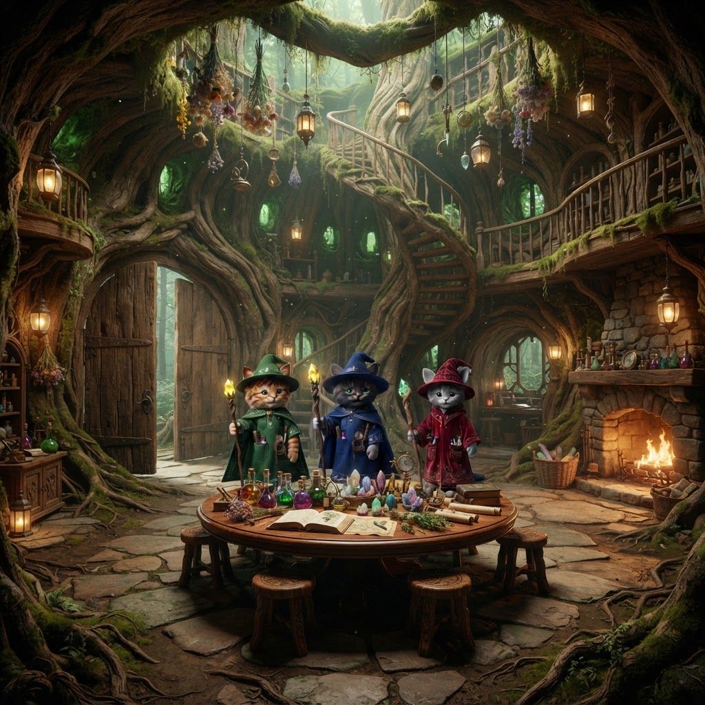 AI Design for 🌳 1. Main Entrance Hall — “Welcome to Wizard's Hollow”
PHOTOREALISTIC LIVE-ACTION DARK-FANTASY FILM STILL. The enormous interior entrance hall of Wizard's Hollow, a magical home built inside a gigantic ancient hollow tree in Elderwood. The room is spacious despite being inside the tree, with enormous curved living-wood walls, exposed roots, moss, vines and natural wooden textures.
Huge double wooden doors are visible behind the viewer's perspective, while the room opens into a grand circular chamber. Three bipedal cat wizards—Walthazar Embermane, Jonathan Bartle Gergenrath and Bartholomew Crumpet—stand naturally together near the center, welcoming visitors.
The room contains a beautiful combination of all three wizards' belongings: colorful potion bottles, books, herbs, crystals, scientific instruments, strange containers, maps, scrolls, candles and magical curiosities. Herbs, lanterns, dried flowers and small objects hang from the ceiling. A large wooden table occupies the center, surrounded by stools and chairs.
A magnificent spiral staircase made from living wood winds upward around the inside of the tree trunk. Small balconies and shelves are built into the walls around it.
Warm fireplace and lantern light illuminate the room, with soft green light filtering through small openings in the tree.
Photorealistic, realistic feline fur and anatomy, realistic wood grain, moss, fabric, glass and stone, cinematic depth of field, subtle film grain, natural practical lighting, high-budget live-action dark-fantasy cinematography. No cartoon, illustration, anime or 3D animation.