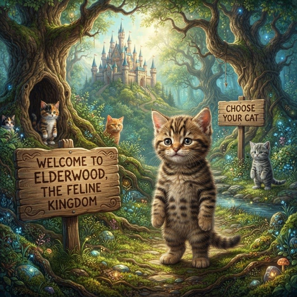 AI Design for like like welcome to cat like the feline Kingdom and then it's like design your own cat and it should be like this forest with castles and stuff like that and it's a sign that says welcome to elderwood the feline Kingdom or the feline Forest okay and it's like design your own cat we don't overdo the design make it kind of like a simple design you don't over complicated and don't make any of the cats actually hold it just just make them be like background fantasy characters with the main focus being on the tabby cat the one with the brown stripes now seeing with that do assign that just says choose your cat