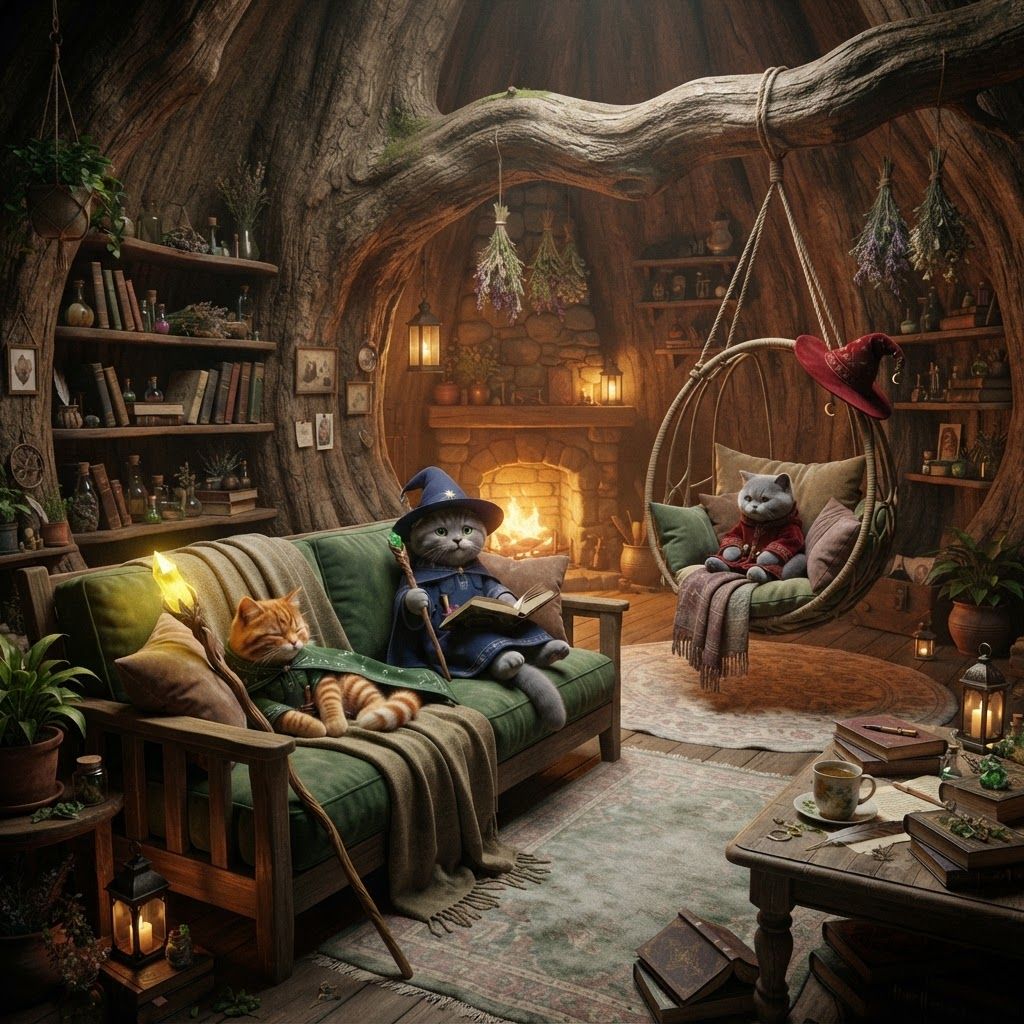 AI Design for PHOTOREALISTIC LIVE-ACTION DARK-FANTASY INTERIOR. A peaceful communal lounge inside the enormous hollow tree of Wizard's Hollow. This is the cozy floor where the three cat wizards relax after a long day.
A large comfortable deep-green wooden-framed couch sits beside a warm stone fireplace, covered with soft blankets and pillows. Several old spellbooks are casually scattered across the couch and a nearby wooden coffee table.
A beautiful hanging swing chair is suspended from one of the enormous tree branches crossing the ceiling, with cushions inside it, gently hanging over a soft rug.
Simple wooden bookshelves line the curved walls, filled with spellbooks, journals and little magical objects. There are potted plants, moss, hanging herbs, candles, lanterns and small personal belongings throughout the room.
The natural tree walls remain clearly visible beneath warm earthy green decoration. The room feels lived-in, peaceful and cozy rather than luxurious.
Warm amber fireplace light, soft shadows, realistic wood and fabric, photorealistic cat-fantasy environment, cinematic dark-fantasy atmosphere, natural imperfections, subtle film grain. No cartoon or illustration. Make all the cats relax in the lounge without taking any of their clothes off removing features keep them exactly as is in resting positions sitting where the furniture is