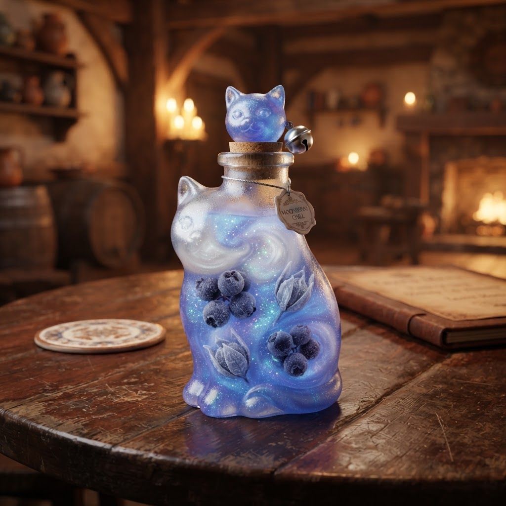 AI Design for Design a cooling potion for a cat fantasy kind of series that is like blue white glittery and include some cool berries along some like Icy flower pod and give it this like special feel like it's in a tavern like served to you nostalgicmake a colorful but don't over complicate the design