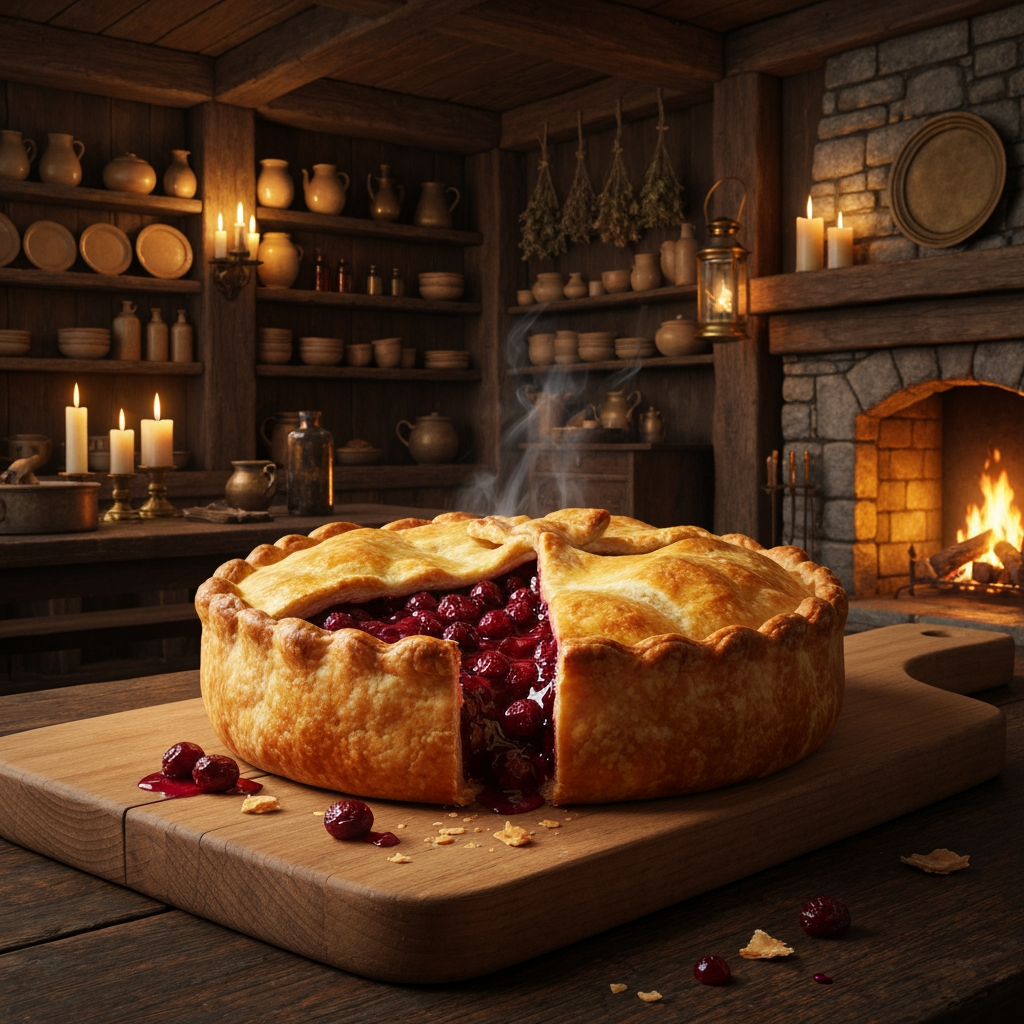 AI Design for 🥧 Example — Thornberry Pie
A rustic Thornberry Pie sits on a heavy wooden serving board. It has a beautifully baked golden-brown flaky crust with slightly uneven handmade edges. Several dark ruby-red Thornberries are visible through a small opening in the crust, with glossy berry filling bubbling gently underneath. A little steam rises from the freshly baked pie. A few crumbs and tiny drops of berry filling sit naturally on the wooden board.
The pie should look extremely appetizing and freshly baked, with realistic pastry layers, glossy fruit filling and warm golden highlights from the fireplace.🍽️ Master Elderwood Tavern Style
Put this at the very beginning of every prompt:
Photorealistic cinematic dark-fantasy food photography inside a cozy medieval woodland tavern in Elderwood. This is a real, physically believable tavern, not an illustration. The interior has aged dark wooden tables, rough stone walls, exposed wooden beams, shelves filled with ceramic dishes and bottles, hanging dried herbs, candles, brass lanterns, and a large stone fireplace. Warm amber firelight and candlelight illuminate the room, creating soft realistic shadows and highlights, while the corners of the tavern remain naturally darker and atmospheric. The scene feels warm, rustic, lived-in and slightly mysterious, like a still frame from a high-budget live-action dark-fantasy film. Realistic materials, realistic food textures, natural imperfections, subtle cinematic film grain, shallow depth of field.
Then add:
The food is the clear centerpiece of the image. It must look genuinely delicious, freshly prepared, warm, edible and appetizing, with realistic textures, steam, moisture, crumbs, sauces and natural imperfections. It should look like real medieval cuisine with fantastical ingredients—not cartoon food, not toy-like food, not plastic, not an illustration. How to catch chef that just finished making your meal and he's looking at you to see if you like it