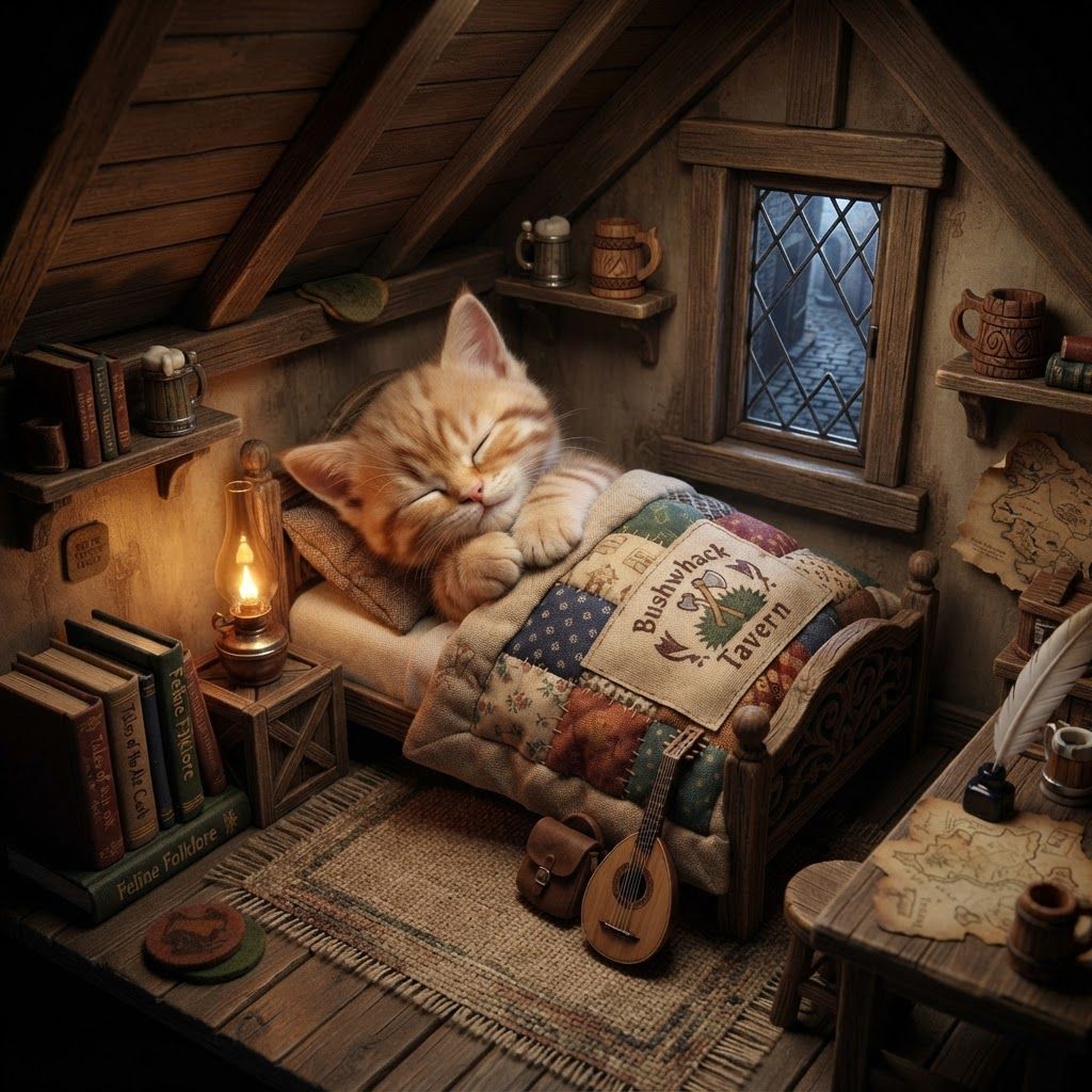 AI Design for 🍺 The Tavern Room — little upstairs room above Bushwhack Tavern. You can hear muffled conversations downstairs. Cat fantasy bedroom for a tavern with this bipetal cat sleeping comfortably snug I'm just kind of weird Tavern vibe