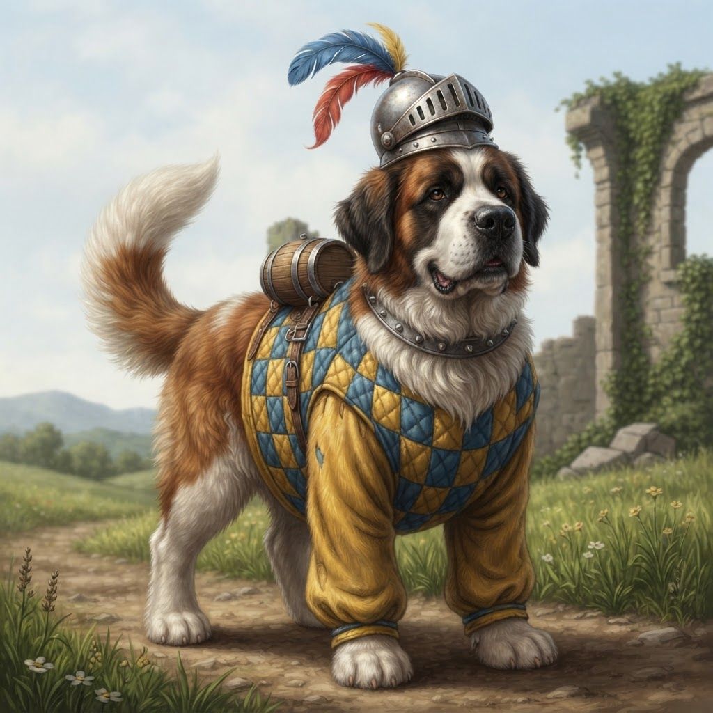 AI Design for Make this dog  character b and the particular style of this other image put him in the same position and remove the book on top of his head making more of him like a realistic dog and have some fun with it take the other reference photo simply as a guide on how the drawing should feel but use the image of the dog with the pose the design and everything else in between