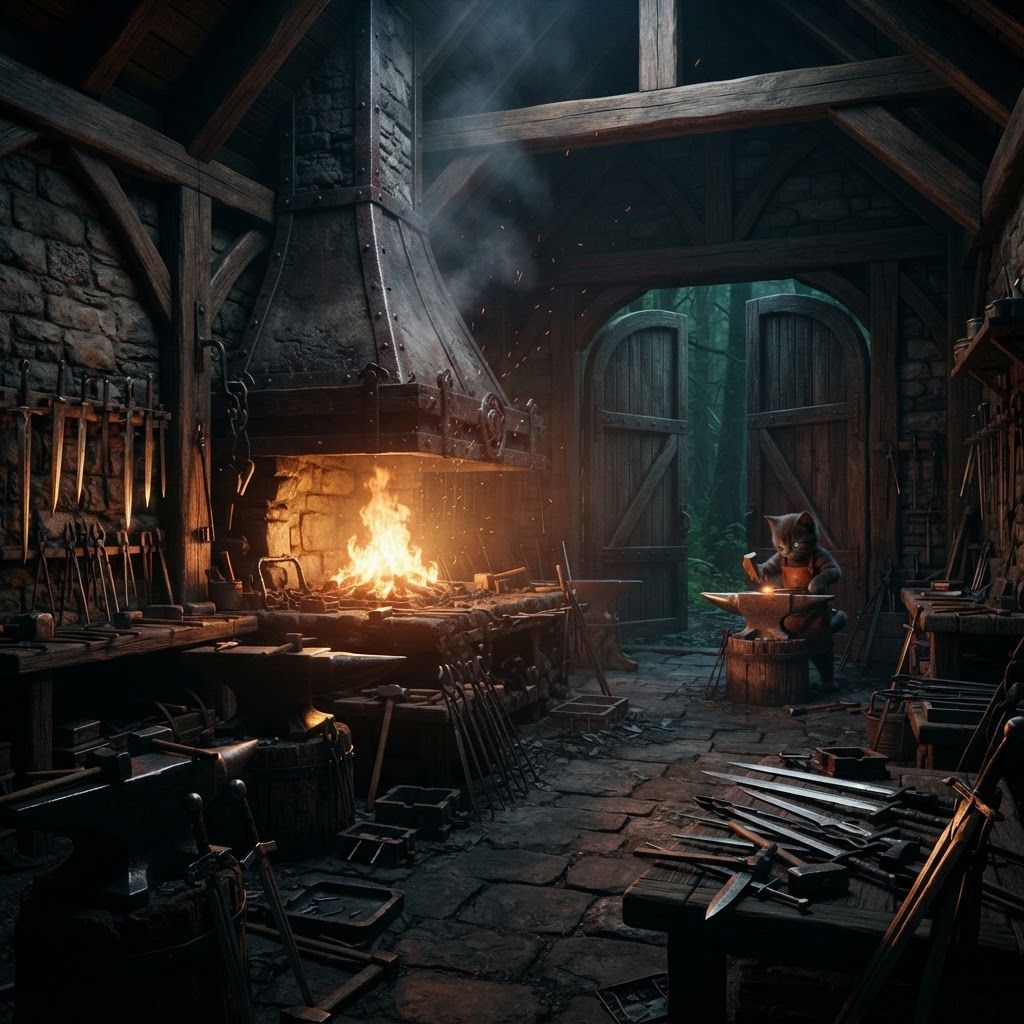 AI Design for ⚒️ 3. Elderwood Forge
Photorealistic cinematic dark-fantasy forge built into the heart of Elderwood. A massive rustic blacksmith workshop constructed from dark timber, rough gray stone and heavy iron. A glowing forge burns brightly in the center, illuminating anvils, hammers, tongs, molds, unfinished swords and pieces of metal. Sparks occasionally rise from the forge while warm orange light reflects naturally across the stone floor and metal surfaces. Wooden racks hold tools and partially completed weapons. Large open doors reveal the dark green forest outside. A small cat blacksmith may be visible in the distant background working at an anvil. Realistic metal, stone, fire, smoke and wood textures, dramatic cinematic lighting, photorealistic live-action fantasy film aesthetic, dark atmospheric shadows, subtle film grain, no cartoon appearance.