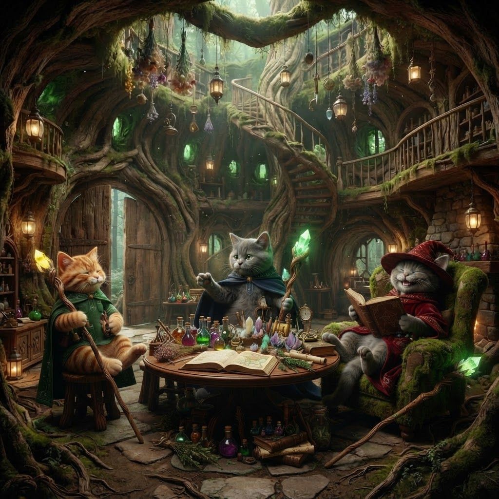 AI Design for 🌳 1. Main Entrance Hall — “Welcome to Wizard's Hollow”
PHOTOREALISTIC LIVE-ACTION DARK-FANTASY FILM STILL. The enormous interior entrance hall of Wizard's Hollow, a magical home built inside a gigantic ancient hollow tree in Elderwood. The room is spacious despite being inside the tree, with enormous curved living-wood walls, exposed roots, moss, vines and natural wooden textures.
Huge double wooden doors are visible behind the viewer's perspective, while the room opens into a grand circular chamber. Three bipedal cat wizards—Walthazar Embermane, Jonathan Bartle Gergenrath and Bartholomew Crumpet—stand naturally together near the center, welcoming visitors.
The room contains a beautiful combination of all three wizards' belongings: colorful potion bottles, books, herbs, crystals, scientific instruments, strange containers, maps, scrolls, candles and magical curiosities. Herbs, lanterns, dried flowers and small objects hang from the ceiling. A large wooden table occupies the center, surrounded by stools and chairs.
A magnificent spiral staircase made from living wood winds upward around the inside of the tree trunk. Small balconies and shelves are built into the walls around it.
Warm fireplace and lantern light illuminate the room, with soft green light filtering through small openings in the tree.
Photorealistic, realistic feline fur and anatomy, realistic wood grain, moss, fabric, glass and stone, cinematic depth of field, subtle film grain, natural practical lighting, high-budget live-action dark-fantasy cinematography. No cartoon, illustration, anime or 3D animation. But actually make the cats rest sit do not take any of their clothes off just make them relax and have fun