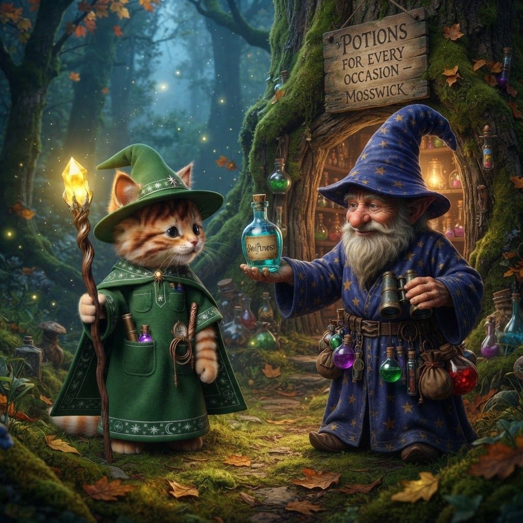 AI Design for Make these two fictional characters meet up the first one is a cat Wizard and the other one is a gnome wizard that sells potions the gnome is from a region named mosswick and the cat is from elderwood and make sure not to mess up the cats details it's ear tips it stripes and everything and it's hair and it's mean and it's whatever it's called