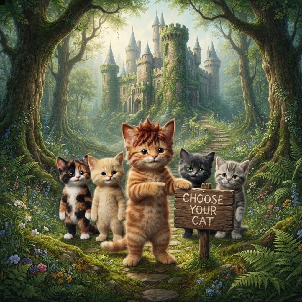 AI Design for So make these cats be in a fictional Forest with the castle and assigned it says choose your cat with the orange tabby ginger CAD with the brown stripes be like in the focus and he's pointing to the sign of his finger
