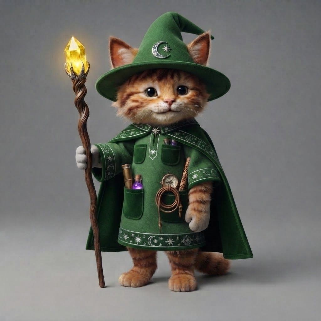 AI Design for Take this cat all of its main features details hair for stripes tips on its cat ears the colors the style everything and put on this blue wizard robe except I wanted to be short sleeved including the Cape at all the things in his pockets just make it really fantasy but make it like green essentially the whole outfit would be green with the little like pocket accessories and obviously don't make the pocket accessories green just the whole robe and hat would be green with obviously some like parts