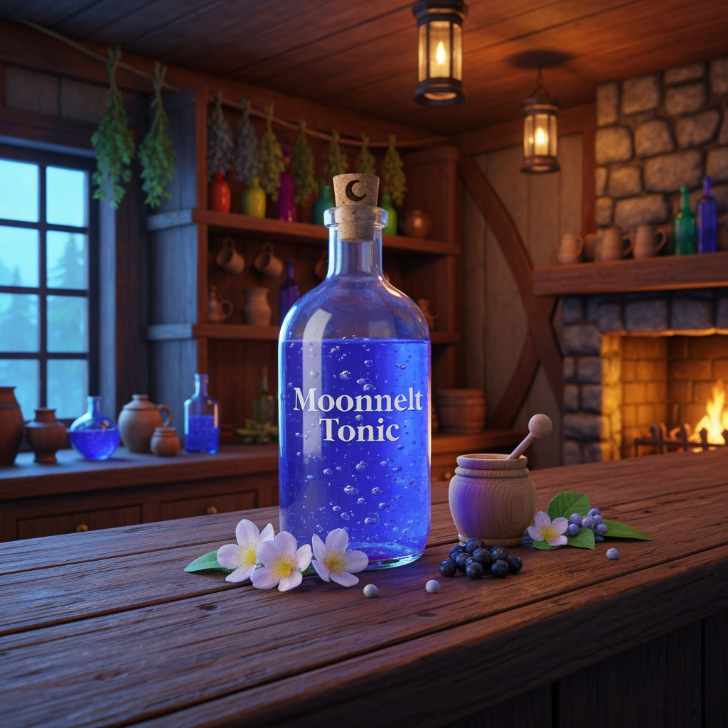 AI Design for 🍹 1. Moonmelt Tonic
Create a realistic cinematic fantasy still-life inside the Bushwhack Tavern in Elderwood. On a beautifully worn wooden tavern counter sits a glass bottle of Moonmelt Tonic, filled with vivid blue-violet liquid that looks physically believable, with translucent liquid, realistic glass reflections, tiny suspended silver particles and subtle natural bubbles. The bottle is handmade and slightly imperfect, with a cork stopper decorated with a tiny crescent-moon carving.
Beside the bottle are realistic Moonmelt Blossoms, Silverdew Berries and a small wooden honey jar, arranged naturally as the ingredients. Behind the counter are wooden shelves containing other colorful bottles, ceramic mugs, herbs hanging from beams and softly glowing lanterns. A stone fireplace casts warm orange light across the tavern while cooler blue light enters through a nearby window.
The environment should feel real and tangible, with physically believable wood grain, glass, liquid refraction, fabric, stone, candlelight and shadows. The fantasy elements should feel naturally integrated into the world rather than looking like cartoon objects.
Flavor: sweet honey, soft berries and a delicate floral finish.
Effect: helps travelers remain alert during long nighttime journeys.
Visual style: realistic medieval woodland fantasy, cinematic photography, natural textures, realistic lighting, vibrant but believable colors, shallow atmospheric depth, handcrafted Elderwood aesthetic, beautiful and nostalgic, no characters, drink prominently centered and completely visible.