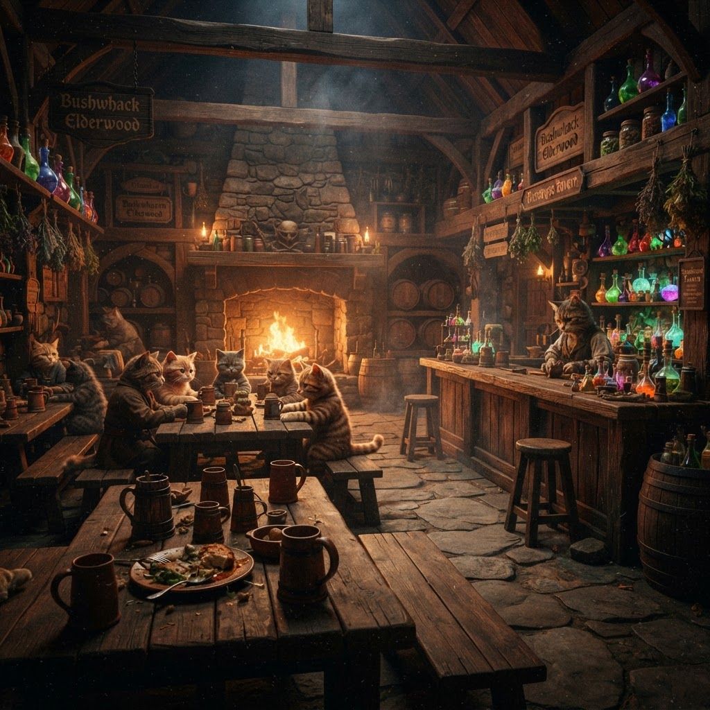 AI Design for 🍺 2. Bushwhack Tavern
Photorealistic cinematic dark-fantasy interior of the Bushwhack Tavern in Elderwood. A large rustic medieval tavern built from dark weathered timber and rough stone. Long wooden tables, benches, ceramic mugs, shelves filled with colorful bottles, hanging dried herbs, barrels and old wooden signs fill the room. A large stone fireplace burns warmly against one wall, casting realistic amber light across the interior while the corners remain dark and atmospheric. Behind the counter is a beautifully organized collection of unusual fantasy drinks and ingredients. Several distant cat patrons sit naturally around the tavern. The place feels cozy, busy and genuinely lived-in. Realistic materials, realistic firelight, subtle smoke and atmospheric depth, cinematic film grain, grounded live-action dark fantasy, no cartoon or illustration.