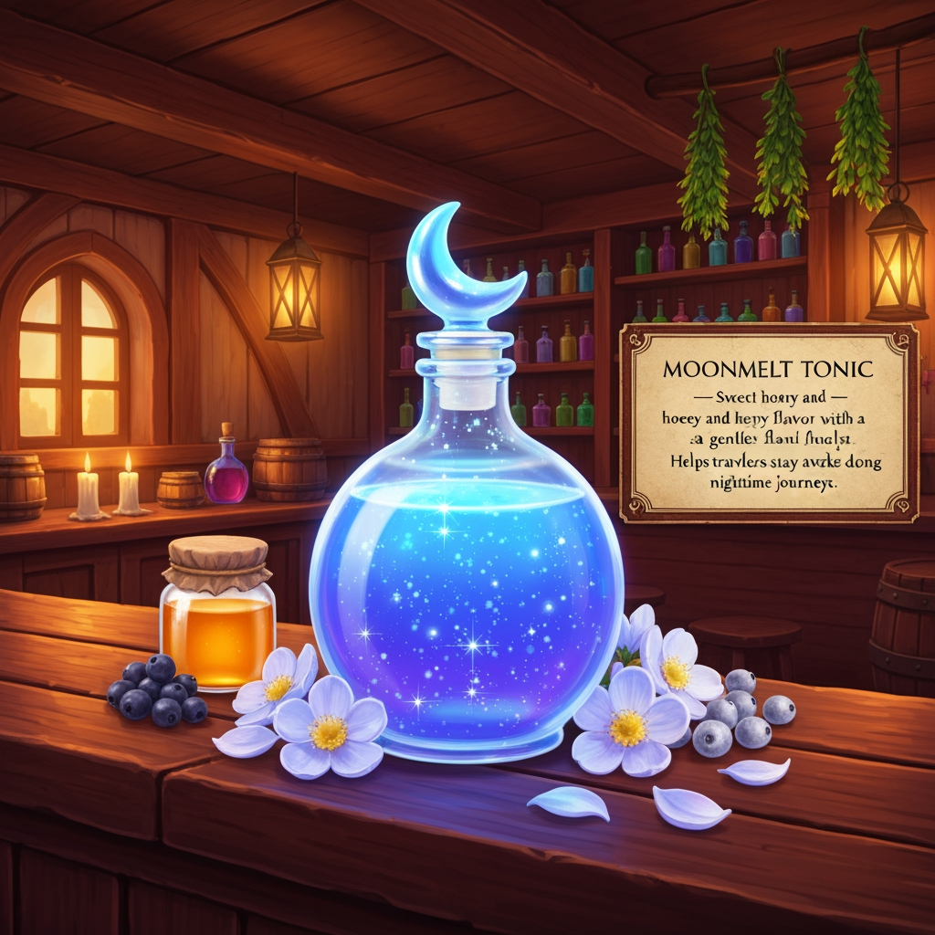 AI Design for 🍹 1. Moonmelt Tonic
Prompt:
A beautifully presented fantasy potion called Moonmelt Tonic displayed prominently on a wooden tavern counter inside the cozy Bushwhack Tavern in Elderwood. The drink is a vivid luminous blue-purple color with tiny silver sparkling particles floating through it, served in a charming glass bottle with a crescent-moon-shaped stopper. Around the bottle are Moonmelt Blossoms, Silverdew Berries and a small jar of golden honey. Warm tavern lanterns, wooden beams, shelves of colorful bottles, hanging herbs and soft candlelight in the background. The drink is perfectly centered and completely visible, colorful and visually striking. Include an elegant fantasy information placard beside it reading: MOONMELT TONIC — Sweet honey and berry flavor with a gentle floral finish. Helps travelers stay awake during long nighttime journeys. Cinematic realistic woodland fantasy, vibrant colors, handcrafted medieval aesthetic, beautiful atmospheric lighting. Make look realistic REALYSTIC IMAGE