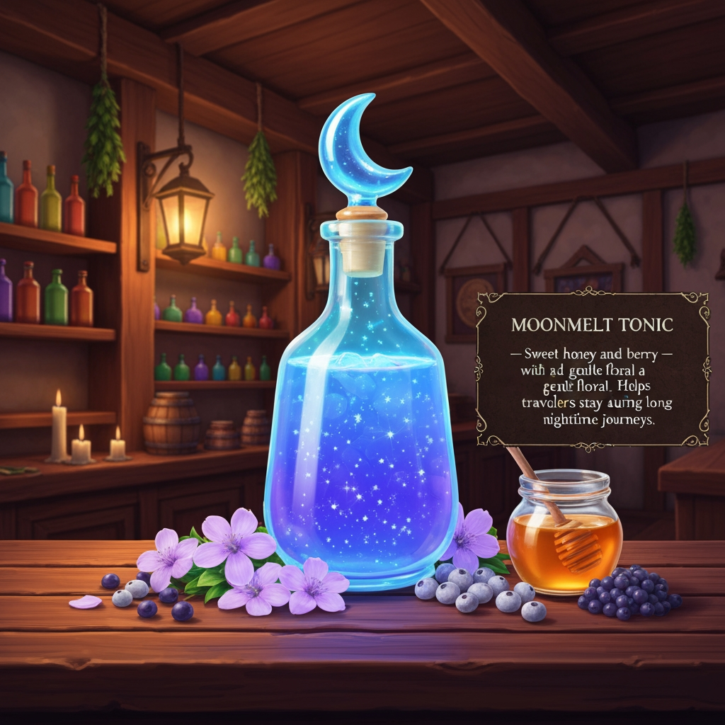 AI Design for 🍹 1. Moonmelt Tonic
Prompt:
A beautifully presented fantasy potion called Moonmelt Tonic displayed prominently on a wooden tavern counter inside the cozy Bushwhack Tavern in Elderwood. The drink is a vivid luminous blue-purple color with tiny silver sparkling particles floating through it, served in a charming glass bottle with a crescent-moon-shaped stopper. Around the bottle are Moonmelt Blossoms, Silverdew Berries and a small jar of golden honey. Warm tavern lanterns, wooden beams, shelves of colorful bottles, hanging herbs and soft candlelight in the background. The drink is perfectly centered and completely visible, colorful and visually striking. Include an elegant fantasy information placard beside it reading: MOONMELT TONIC — Sweet honey and berry flavor with a gentle floral finish. Helps travelers stay awake during long nighttime journeys. Cinematic realistic woodland fantasy, vibrant colors, handcrafted medieval aesthetic, beautiful atmospheric lighting. Make look realistic