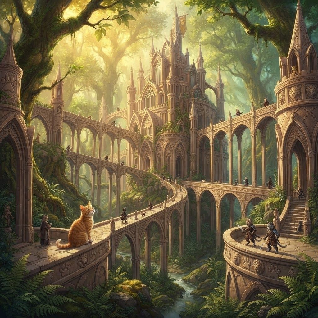 AI Design for Design a unique castle for a cat fantasy series that is beautiful unique you know beautiful Forest and it is essentially from a top-down view and there are a lot of bridges like Castle like pillars and it's very beautiful overall there's just like a really nice castle for this like fantasy series but it isn't way too dark or evil and it just like the perfect mix of good and good complex or anything and don't do a top down view more of just do a forward look onto the castle there's a lot of pillars but don't make it look like cats just make it look like cats would be there like some cat guards