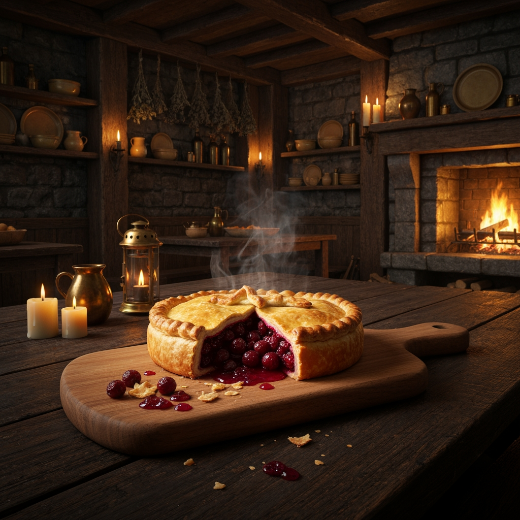 AI Design for 🥧 Example — Thornberry Pie
A rustic Thornberry Pie sits on a heavy wooden serving board. It has a beautifully baked golden-brown flaky crust with slightly uneven handmade edges. Several dark ruby-red Thornberries are visible through a small opening in the crust, with glossy berry filling bubbling gently underneath. A little steam rises from the freshly baked pie. A few crumbs and tiny drops of berry filling sit naturally on the wooden board.
The pie should look extremely appetizing and freshly baked, with realistic pastry layers, glossy fruit filling and warm golden highlights from the fireplace.🍽️ Master Elderwood Tavern Style
Put this at the very beginning of every prompt:
Photorealistic cinematic dark-fantasy food photography inside a cozy medieval woodland tavern in Elderwood. This is a real, physically believable tavern, not an illustration. The interior has aged dark wooden tables, rough stone walls, exposed wooden beams, shelves filled with ceramic dishes and bottles, hanging dried herbs, candles, brass lanterns, and a large stone fireplace. Warm amber firelight and candlelight illuminate the room, creating soft realistic shadows and highlights, while the corners of the tavern remain naturally darker and atmospheric. The scene feels warm, rustic, lived-in and slightly mysterious, like a still frame from a high-budget live-action dark-fantasy film. Realistic materials, realistic food textures, natural imperfections, subtle cinematic film grain, shallow depth of field.
Then add:
The food is the clear centerpiece of the image. It must look genuinely delicious, freshly prepared, warm, edible and appetizing, with realistic textures, steam, moisture, crumbs, sauces and natural imperfections. It should look like real medieval cuisine with fantastical ingredients—not cartoon food, not toy-like food, not plastic, not an illustration. How to catch chef that just finished making your meal and he's looking at you to see if you like it