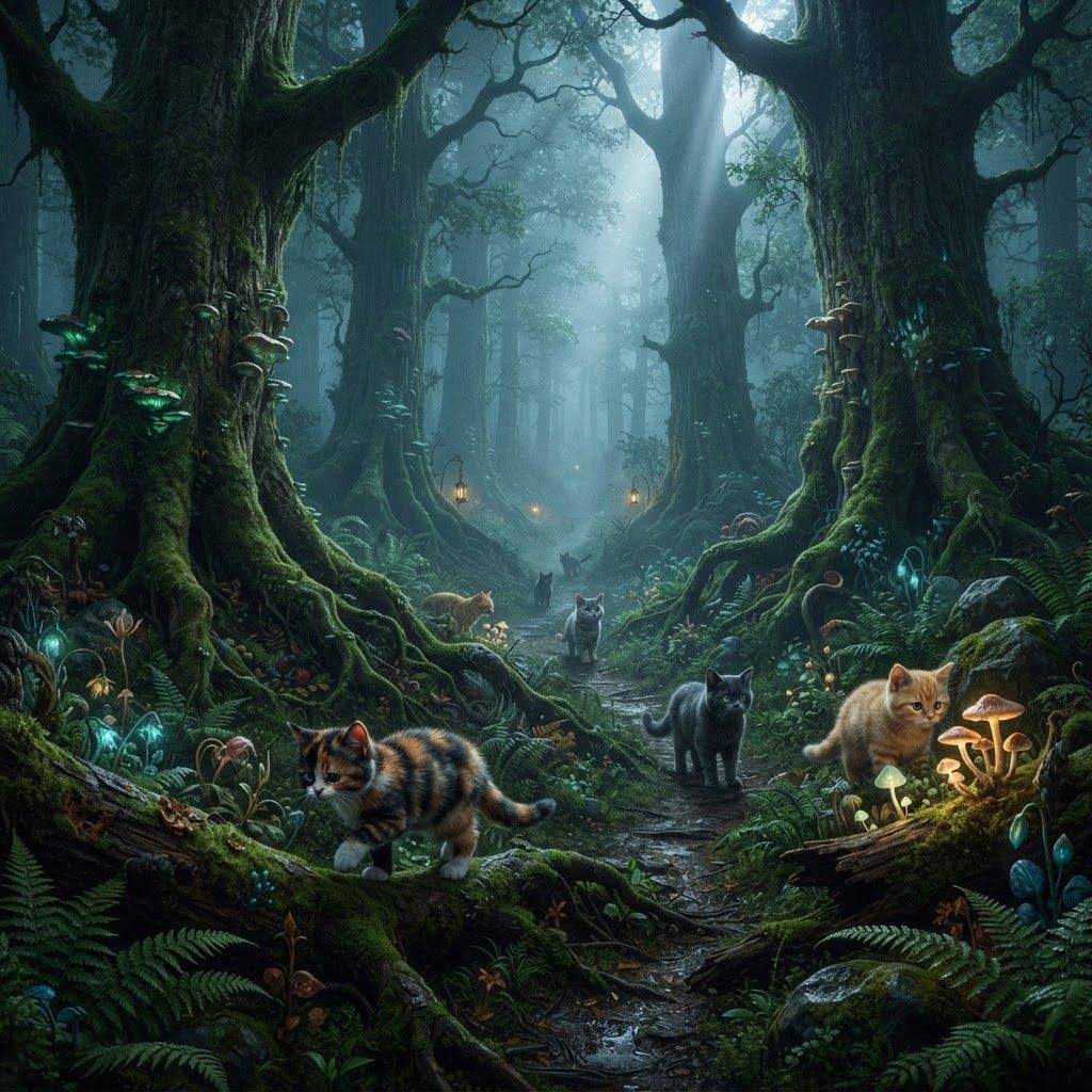 AI Design for 🌿 5. Deepwood
Photorealistic cinematic dark-fantasy landscape of the Deepwood, an untouched section of ancient forest beyond Elderwood Village. Enormous old trees tower overhead, their roots twisting through moss-covered rocks and the forest floor. Dense ferns, mushrooms, vines and strange woodland plants grow naturally everywhere. Narrow paths disappear into thick mist between the trees. Tiny warm lights from distant lanterns are barely visible through the fog. Shafts of cool moonlight pass through the canopy while the deeper forest remains dark and mysterious. The environment feels beautiful but unexplored, peaceful yet slightly mysterious. Realistic foliage, bark, moss, wet soil, mist and natural lighting, cinematic live-action fantasy film aesthetic, subtle film grain, cat characters, no cartoon appearance. Cats are cute like oj images bipedal make them walk around everywhere