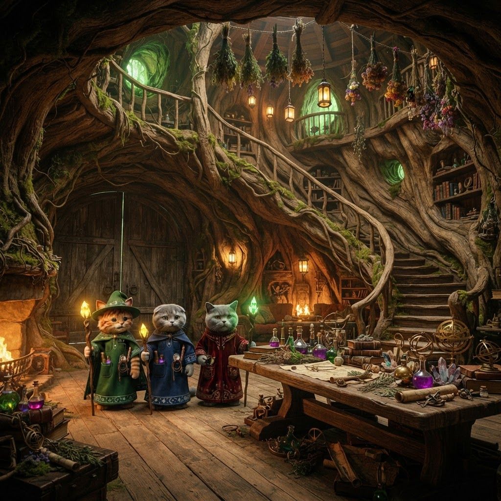 AI Design for 🌳 1. Main Entrance Hall — “Welcome to Wizard's Hollow”
PHOTOREALISTIC LIVE-ACTION DARK-FANTASY FILM STILL. The enormous interior entrance hall of Wizard's Hollow, a magical home built inside a gigantic ancient hollow tree in Elderwood. The room is spacious despite being inside the tree, with enormous curved living-wood walls, exposed roots, moss, vines and natural wooden textures.
Huge double wooden doors are visible behind the viewer's perspective, while the room opens into a grand circular chamber. Three bipedal cat wizards—Walthazar Embermane, Jonathan Bartle Gergenrath and Bartholomew Crumpet—stand naturally together near the center, welcoming visitors.
The room contains a beautiful combination of all three wizards' belongings: colorful potion bottles, books, herbs, crystals, scientific instruments, strange containers, maps, scrolls, candles and magical curiosities. Herbs, lanterns, dried flowers and small objects hang from the ceiling. A large wooden table occupies the center, surrounded by stools and chairs.
A magnificent spiral staircase made from living wood winds upward around the inside of the tree trunk. Small balconies and shelves are built into the walls around it.
Warm fireplace and lantern light illuminate the room, with soft green light filtering through small openings in the tree.
Photorealistic, realistic feline fur and anatomy, realistic wood grain, moss, fabric, glass and stone, cinematic depth of field, subtle film grain, natural practical lighting, high-budget live-action dark-fantasy cinematography. No cartoon, illustration, anime or 3D animation.