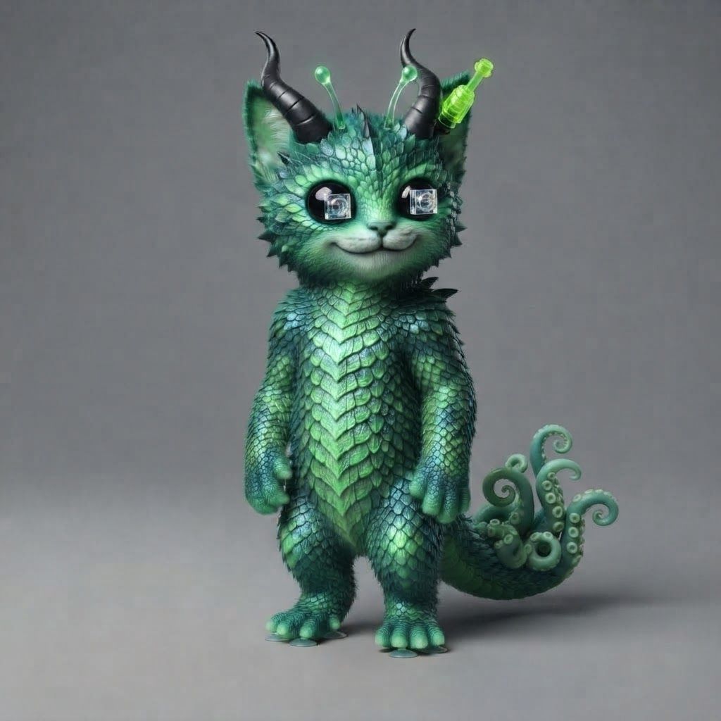 AI Design for All right use this design template as a base for alien cat that is like green it has like completely black eyes with Lego white tint and like give him antennas tentacles and just funny features