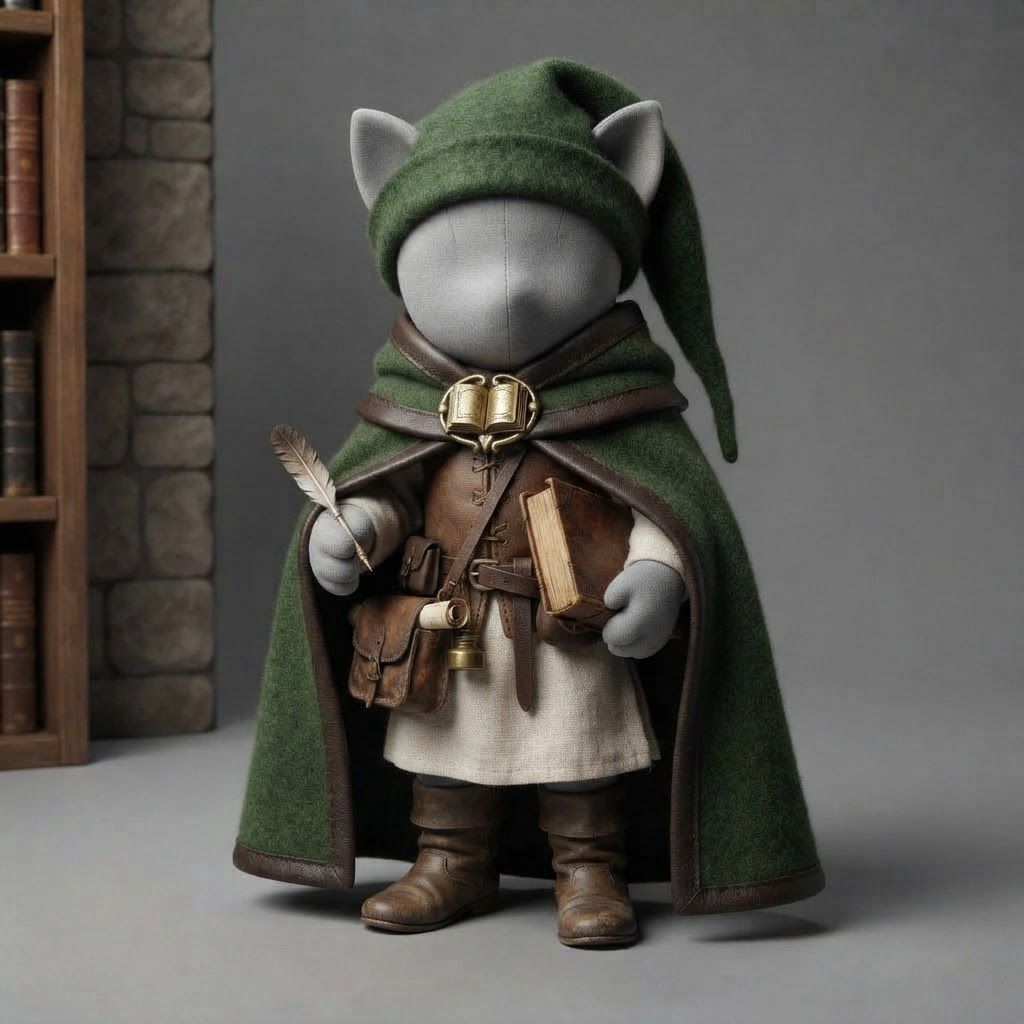 AI Design for I'm running a cat fantasy series and I was thinking of doing outfit variants on a mannequin ao design like a an librarian with a green hat and green cloak outfit and make it all pretty medieval