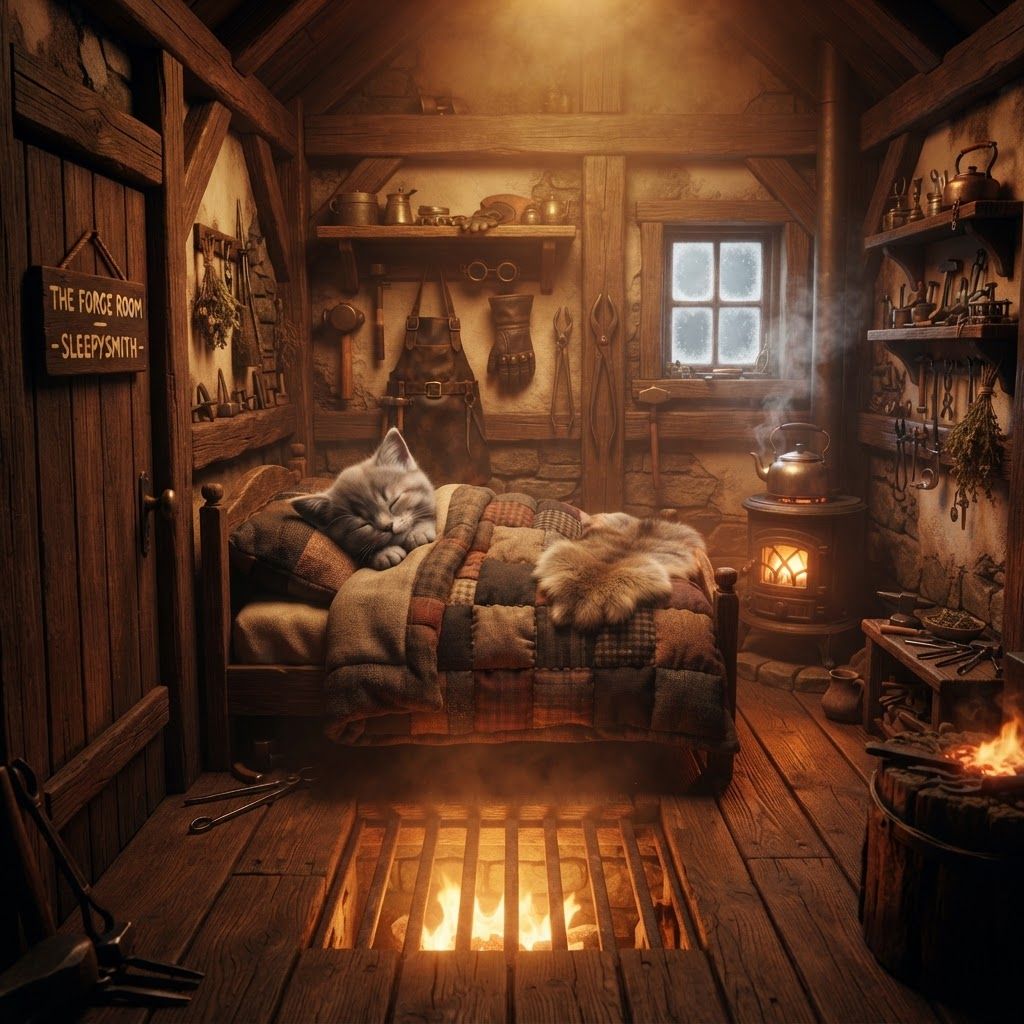 AI Design for ⚒️ The Forge Room — tiny warm bedroom above the blacksmith's workshop. Absolutely roasting in winter, but incredibly cozy. This Forge would be for a cat fantasy series and would be a bedroom that's kind of looking aesthetic photo with a cat already sleeping in bed