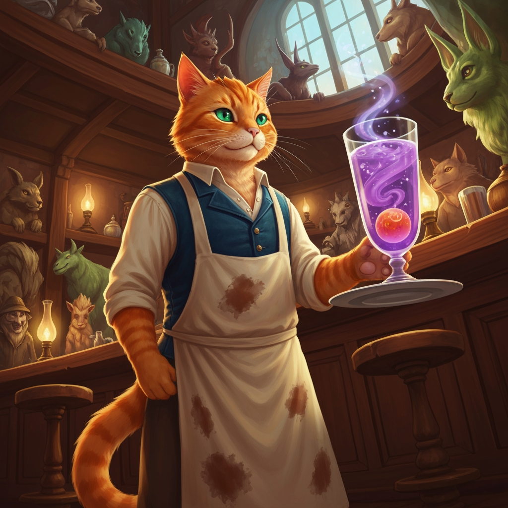 AI Design for Cat fantasy series with tavern bar cat serving you potion named thornberry fizz