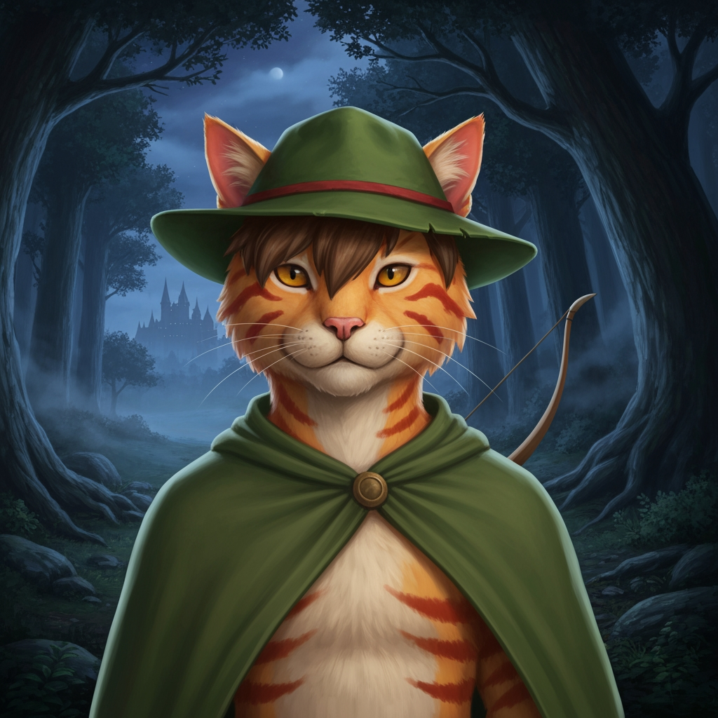 AI Design for Sure — here's the complete description based exactly on what you just described, without adding a new outfit or changing his established design.

🌲 Jasper Embermane — Dark Fantasy Version

Jasper is an orange tabby cat with a natural, slightly realistic feline appearance. His fur should have believable texture and anatomy while still preserving his recognizable Embermane character design.

🐈 Face & Fur

Warm orange tabby fur covering his body.

Slightly darker reddish-brown stripes.

Two reddish-brown stripes on each cheek, one of his most recognizable markings.

His head has his characteristic brown hair/mane, giving him a slightly distinctive, rugged appearance.

His ears are orange, with roughly the upper third of each ear covered in a reddish-brown color.

His facial features should look like a real cat's, but remain expressive enough to recognize Jasper immediately.


🎩 Hat

Jasper wears his familiar green archer's hat.

Natural, slightly worn material.

A simple red band/outline around the hat where the brim meets the main body.

The hat should feel like something made for traveling through a forest rather than polished royal clothing.

Keep the design recognizable and understated.


🧥 Cloak

Jasper wears his familiar green cloak.

It should have a natural, practical appearance, with believable cloth texture and subtle signs of use.

🏹 Equipment

Jasper carries his bow, reinforcing that he's an archer rather than a heavily armored fantasy warrior.

His equipment should remain simple and practical.


---

🌙 Environment

Jasper is standing in a large, atmospheric forest at night.

The forest should feel enormous and ancient, with:

Tall trees surrounding him

Dense woodland vegetation

Deep shadows between the trees

Subtle moonlight filtering through branches

Atmospheric haze or mist

Natural earthy textures


Through an opening in the forest, a large castle can be seen in the distance.

The castle shouldn't dominate the image—it should feel like something Jasper has discovered beyond the trees, giving the scene a sense of exploration and mystery.


---

🎬 Overall Visual Style

The whole scene should have that dark-fantasy AI image aesthetic you were describing:

realistic but fantastical, nighttime, cinematic, atmospheric, slightly dark, natural colors, detailed fur, subtle film-like filtering, deep shadows, and dramatic moonlight.

It shouldn't look like a bright cartoon or overly polished 3D animation.

At the same time, Jasper shouldn't become an ordinary photorealistic cat—the orange fur, reddish-brown markings, brown mane, green hat, red hat band, green cloak, and bow need to make him unmistakably Jasper.