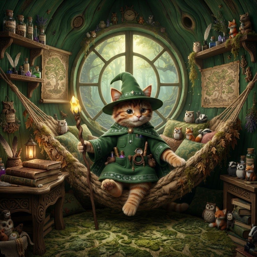 AI Design for Absolutely — here's a detailed prompt that keeps the photorealistic dark-fantasy Elderwood look, while making Walthazar's room feel genuinely cozy and personal.
🌿 Walthazar Embermane — Morning in His Bedroom
> PHOTOREALISTIC LIVE-ACTION DARK-FANTASY FILM STILL. A beautiful, cozy bedroom belonging to a young anthropomorphic cat wizard named Walthazar Embermane, located on the highest floor of an enormous ancient hollow tree in Elderwood. The scene should look like a frame from a high-budget fantasy movie filmed with a real physical set, realistic practical lighting and physically believable materials.
Walthazar Embermane is a small bipedal anthropomorphic orange tabby cat, sitting comfortably inside his large hanging hammock. He has realistic feline anatomy, detailed soft orange fur and distinctive dark reddish-brown tabby stripes across his face, ears, arms and body. His muzzle and chest have slightly lighter fur. His eyes are vivid green and expressive. His ears are clearly feline, with distinctive colored ear tips that contrast against the rest of his orange fur.
Walthazar wears his recognizable fantasy wizard hat, a slightly floppy, well-worn pointed hat made from textured fabric, with subtle magical details and a small decorative accent around the base. He wears a cozy wizard's outfit beneath it, with earthy fantasy fabrics, layered clothing and small embroidered details. His clothing should look practical and comfortable rather than extravagant.
Walthazar is sitting curled up comfortably in his hammock, surrounded by soft blankets, cushions and pillows. He looks relaxed and sleepy, as though he has just woken up. His posture is natural and cozy, with his tail comfortably curled beside him.
The entire interior of the room has beautiful deep emerald-green walls, but the walls are still unmistakably made from the living wood of the enormous hollow tree. The green color appears like a rich painted or naturally dyed finish over the curved wooden interior, while the natural grain, knots, cracks and contours of the tree remain clearly visible underneath. Exposed sections of warm brown wood appear around the edges, creating a beautiful green-and-wood contrast.
Behind Walthazar is a large rounded window carved directly into the tree, overlooking the enormous rich Elderwood forest early in the morning. Outside, countless layers of ancient trees stretch into the distance, with thick emerald foliage, moss-covered branches and soft morning mist resting between the trees. Gentle golden sunlight is just beginning to pass through the canopy, creating soft rays of early-morning light across the room.
The bedroom is beautifully cluttered with Walthazar's belongings. There are stacks of old spellbooks, handwritten journals, maps, colorful potion bottles, glass flasks, little ceramic containers, dried herbs, mushrooms, flowers, crystals, ink bottles, quills and tiny magical curiosities scattered naturally throughout the room.
Add plenty of cute stuffed animals and handmade plush creatures around the room—some sitting on shelves, some tucked beside the hammock, and a couple casually piled among the pillows. They should look like charming handmade medieval-fantasy toys, slightly worn from years of use.
A beautiful emerald-green tapestry hangs on one of the curved walls, decorated with subtle woodland patterns, twisting branches, leaves, tiny stars and understated magical symbols. Soft rugs cover parts of the wooden floor, with little patches of moss growing naturally around the edges.
Include small shelves carved directly into the tree, filled with books and bottles. A little wooden writing desk sits near the window with an open spellbook, an ink pot and a feather quill. A few hanging herbs sway gently from the ceiling beams.
The lighting should be soft early-morning golden sunlight mixed with the deep green atmosphere of the room, creating gentle highlights on Walthazar's fur, the hammock fabric and the glass potion bottles. The forest outside should look fresh, misty and incredibly lush.
The overall mood is peaceful, magical, cozy, intimate and nostalgic—a tiny wizard's private sanctuary high above Elderwood. It should feel like a place where Walthazar could spend an entire morning reading, brewing potions and watching the forest from his hammock.
Extremely detailed realistic fur, individual whiskers, realistic feline eyes, believable bipedal feline anatomy, detailed fabric, natural wood grain, realistic glass, moss, plants and foliage, physically accurate sunlight, realistic atmospheric haze, cinematic depth of field, subtle film grain, high-end live-action dark-fantasy cinematography, natural imperfections, rich environmental detail.
NO cartoon, NO illustration, NO anime, NO children's-book art, NO 3D animation, NO plastic-looking fur, NO human body with a cat head, NO modern furniture, NO futuristic objects, NO overly exaggerated magic effects.