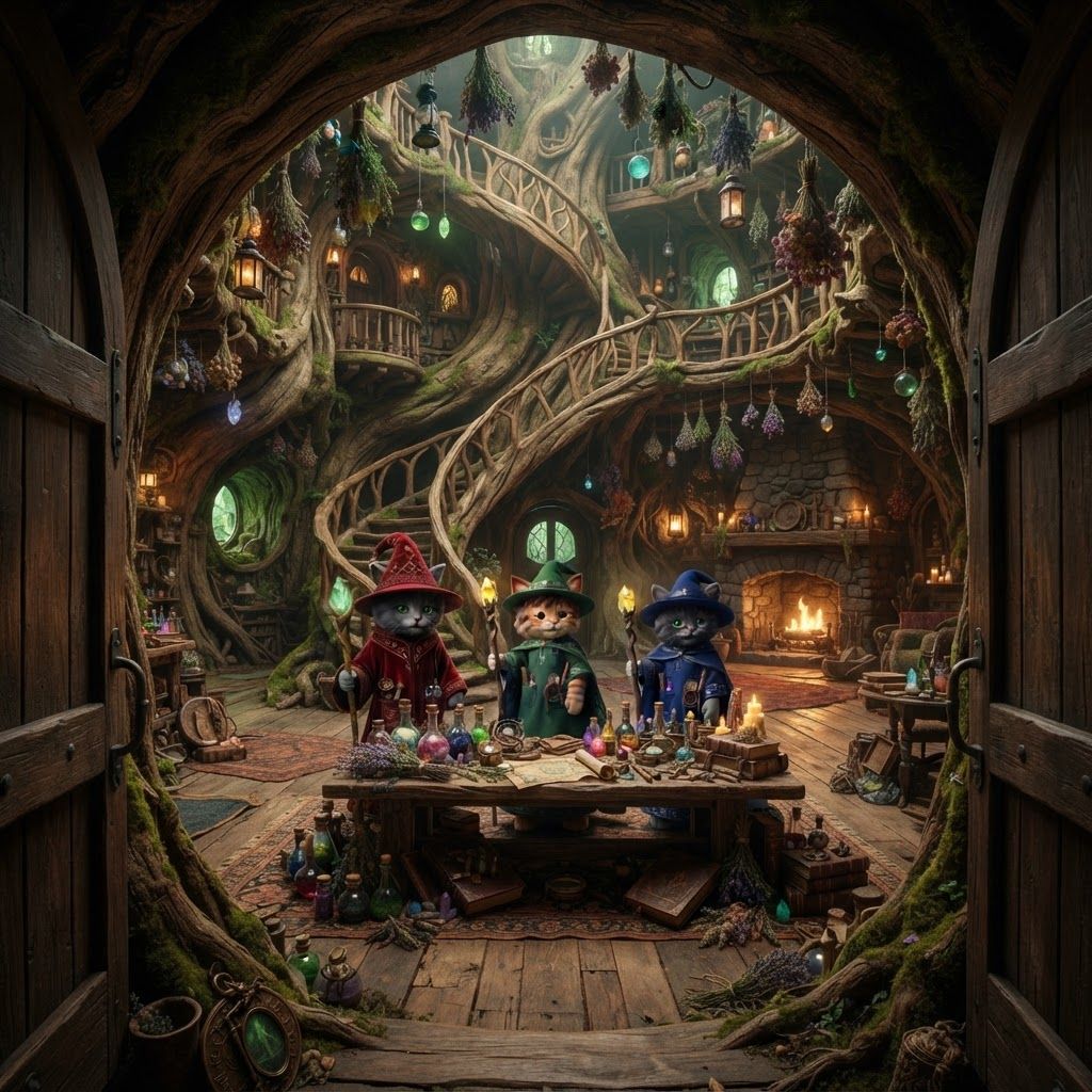 AI Design for 🌳 1. Main Entrance Hall — “Welcome to Wizard's Hollow”
PHOTOREALISTIC LIVE-ACTION DARK-FANTASY FILM STILL. The enormous interior entrance hall of Wizard's Hollow, a magical home built inside a gigantic ancient hollow tree in Elderwood. The room is spacious despite being inside the tree, with enormous curved living-wood walls, exposed roots, moss, vines and natural wooden textures.
Huge double wooden doors are visible behind the viewer's perspective, while the room opens into a grand circular chamber. Three bipedal cat wizards—Walthazar Embermane, Jonathan Bartle Gergenrath and Bartholomew Crumpet—stand naturally together near the center, welcoming visitors.
The room contains a beautiful combination of all three wizards' belongings: colorful potion bottles, books, herbs, crystals, scientific instruments, strange containers, maps, scrolls, candles and magical curiosities. Herbs, lanterns, dried flowers and small objects hang from the ceiling. A large wooden table occupies the center, surrounded by stools and chairs.
A magnificent spiral staircase made from living wood winds upward around the inside of the tree trunk. Small balconies and shelves are built into the walls around it.
Warm fireplace and lantern light illuminate the room, with soft green light filtering through small openings in the tree.
Photorealistic, realistic feline fur and anatomy, realistic wood grain, moss, fabric, glass and stone, cinematic depth of field, subtle film grain, natural practical lighting, high-budget live-action dark-fantasy cinematography. No cartoon, illustration, anime or 3D animation.