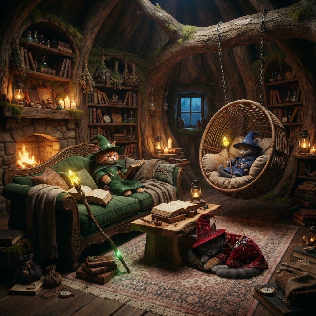AI Design for PHOTOREALISTIC LIVE-ACTION DARK-FANTASY INTERIOR. A peaceful communal lounge inside the enormous hollow tree of Wizard's Hollow. This is the cozy floor where the three cat wizards relax after a long day.
A large comfortable deep-green wooden-framed couch sits beside a warm stone fireplace, covered with soft blankets and pillows. Several old spellbooks are casually scattered across the couch and a nearby wooden coffee table.
A beautiful hanging swing chair is suspended from one of the enormous tree branches crossing the ceiling, with cushions inside it, gently hanging over a soft rug.
Simple wooden bookshelves line the curved walls, filled with spellbooks, journals and little magical objects. There are potted plants, moss, hanging herbs, candles, lanterns and small personal belongings throughout the room.
The natural tree walls remain clearly visible beneath warm earthy green decoration. The room feels lived-in, peaceful and cozy rather than luxurious.
Warm amber fireplace light, soft shadows, realistic wood and fabric, photorealistic cat-fantasy environment, cinematic dark-fantasy atmosphere, natural imperfections, subtle film grain. No cartoon or illustration. Make all the cats relax in the lounge without taking any of their clothes off removing features keep them exactly as is in resting positions sitting where the furniture is