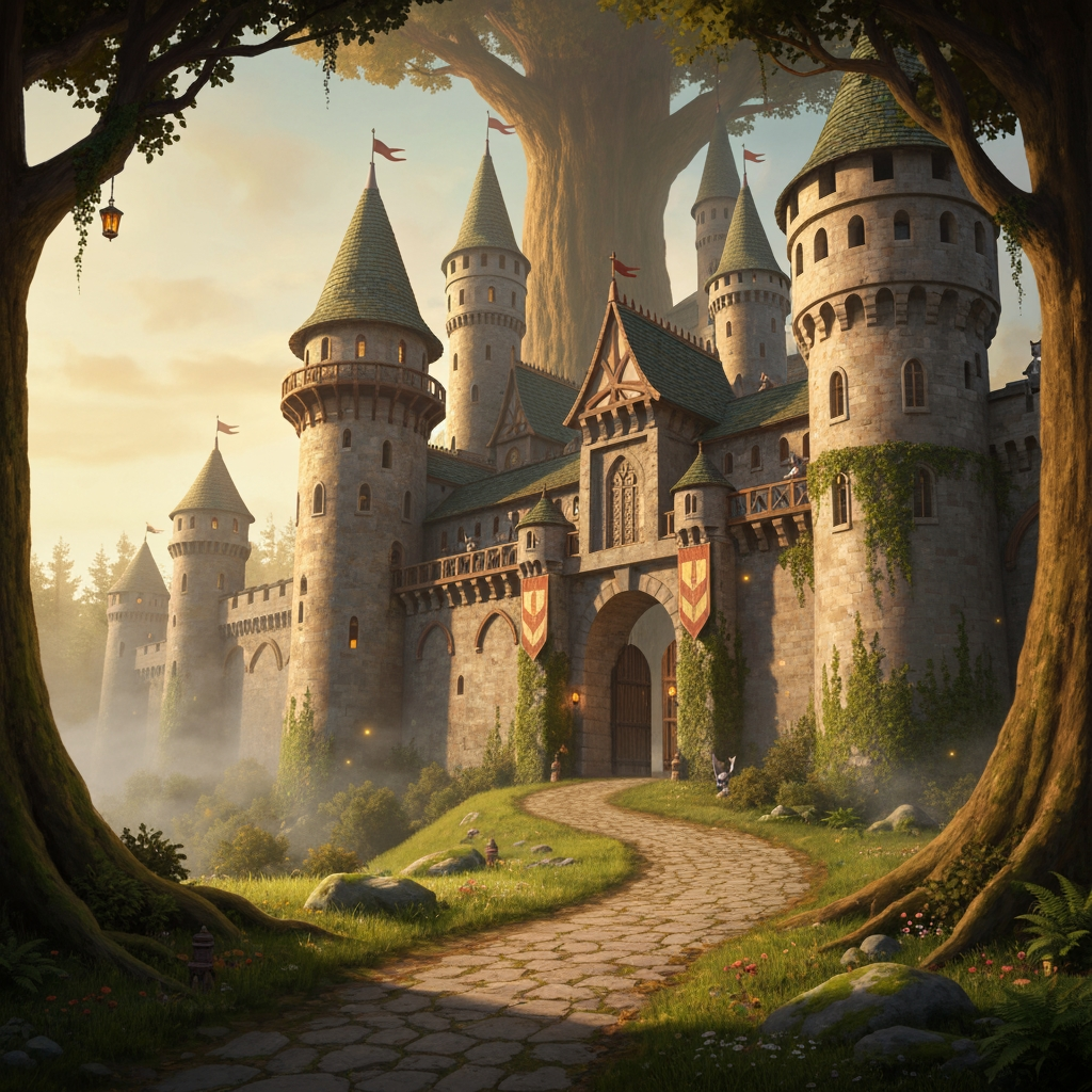 AI Design for Absolutely. Since you’re making the image yourself, I’d make the prompt emphasize the same cinematic realistic storybook look as your Jasper design, but make the castle feel like an actual landmark of Elderwood rather than a generic fantasy castle.
🏰 Elderwood Castle — Image Prompt
> A breathtaking medieval fantasy castle standing at the edge of the ancient Elderwood forest, designed in a cinematic realistic woodland storybook style. The castle should feel beautiful, mysterious, old, and completely believable, as though it has existed for centuries.
The castle is built from warm weathered gray and slightly golden stone, with tall rounded towers, elegant pointed rooftops, wooden balconies, stone bridges, narrow arched windows, carved details, ivy, moss and small plants growing naturally across the walls. Combine traditional medieval architecture with subtle woodland craftsmanship—wooden beams, carved leaves, tiny animal motifs, hanging lanterns, and beautifully crafted gates.
The castle should sit naturally among the enormous trees of Elderwood, with the ancient forest surrounding and partially framing it. Giant trees rise behind the castle, their branches forming a natural canopy around the towers. A winding stone-and-dirt road leads from the forest toward the enormous castle gates.
The scene should feel peaceful and majestic rather than dark or threatening. Warm late-afternoon sunlight filters through the trees, creating beautiful shafts of light and soft golden highlights across the castle walls. Include distant mist between the trees, subtle fireflies, moss-covered stones, wildflowers, ferns, fallen leaves and other tiny environmental details that make the forest feel alive.
Include only a few small cat guards in the distant background, standing near the castle entrance and along the walls. They should be realistic woodland cats wearing simple medieval guard clothing and carrying practical equipment. They are background details rather than the focus.
No main characters, no large groups of characters, no modern objects, no exaggerated magical effects.
Composition: wide cinematic establishing shot, castle clearly visible as the centerpiece, enormous forest surrounding it, winding path leading toward the entrance, strong sense of scale and depth.
Visual style: realistic detailed feline-and-woodland fantasy, natural realistic textures, believable stone and wood, detailed but not hyper-photorealistic, cinematic lighting, soft atmospheric depth, rich earthy greens and browns, warm golden sunlight, nostalgic storybook feeling, beautiful fantasy film concept art, subtly dreamlike and timeless.
I’d especially keep the fireflies and tiny environmental details subtle. That'll make it feel like the castle is genuinely sitting inside a living Elderwood rather than looking like a castle pasted onto a forest background.