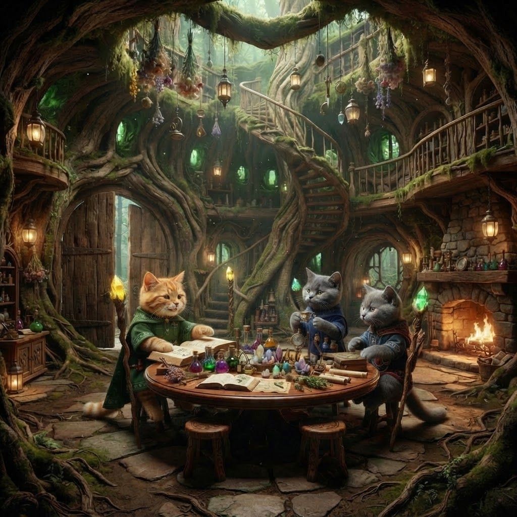 AI Design for 🌳 1. Main Entrance Hall — “Welcome to Wizard's Hollow”
PHOTOREALISTIC LIVE-ACTION DARK-FANTASY FILM STILL. The enormous interior entrance hall of Wizard's Hollow, a magical home built inside a gigantic ancient hollow tree in Elderwood. The room is spacious despite being inside the tree, with enormous curved living-wood walls, exposed roots, moss, vines and natural wooden textures.
Huge double wooden doors are visible behind the viewer's perspective, while the room opens into a grand circular chamber. Three bipedal cat wizards—Walthazar Embermane, Jonathan Bartle Gergenrath and Bartholomew Crumpet—stand naturally together near the center, welcoming visitors.
The room contains a beautiful combination of all three wizards' belongings: colorful potion bottles, books, herbs, crystals, scientific instruments, strange containers, maps, scrolls, candles and magical curiosities. Herbs, lanterns, dried flowers and small objects hang from the ceiling. A large wooden table occupies the center, surrounded by stools and chairs.
A magnificent spiral staircase made from living wood winds upward around the inside of the tree trunk. Small balconies and shelves are built into the walls around it.
Warm fireplace and lantern light illuminate the room, with soft green light filtering through small openings in the tree.
Photorealistic, realistic feline fur and anatomy, realistic wood grain, moss, fabric, glass and stone, cinematic depth of field, subtle film grain, natural practical lighting, high-budget live-action dark-fantasy cinematography. No cartoon, illustration, anime or 3D animation. But actually make the cats rest sit do not take any of their clothes off just make them relax and have fun