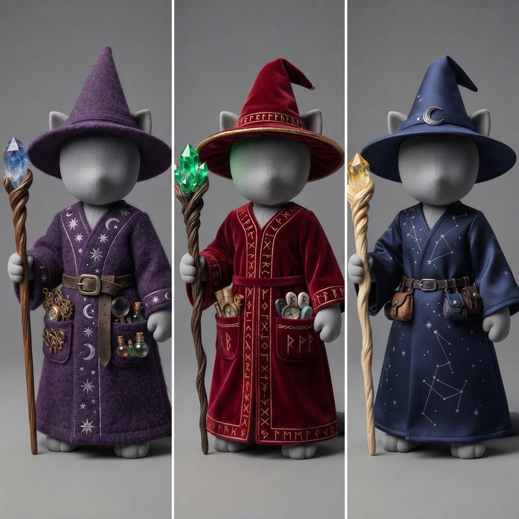 AI Design for I am writing a cat fantasy series and this is a mannequin for a cat clothes base so design and outfit for a a wizard robe in a medieval fantasy Style so essentially first they want you to do a very basic purple robe with the wizard hat and some tiny gizmos and stuff like that in your pockets and also hold like a staff of them blue crystal now do a red wizard robe and replace the blue crystal with a green clip crystal now do a blue outfit and use a yellow crystal on the staff and you just the blue wizard exclude the other colored wizards