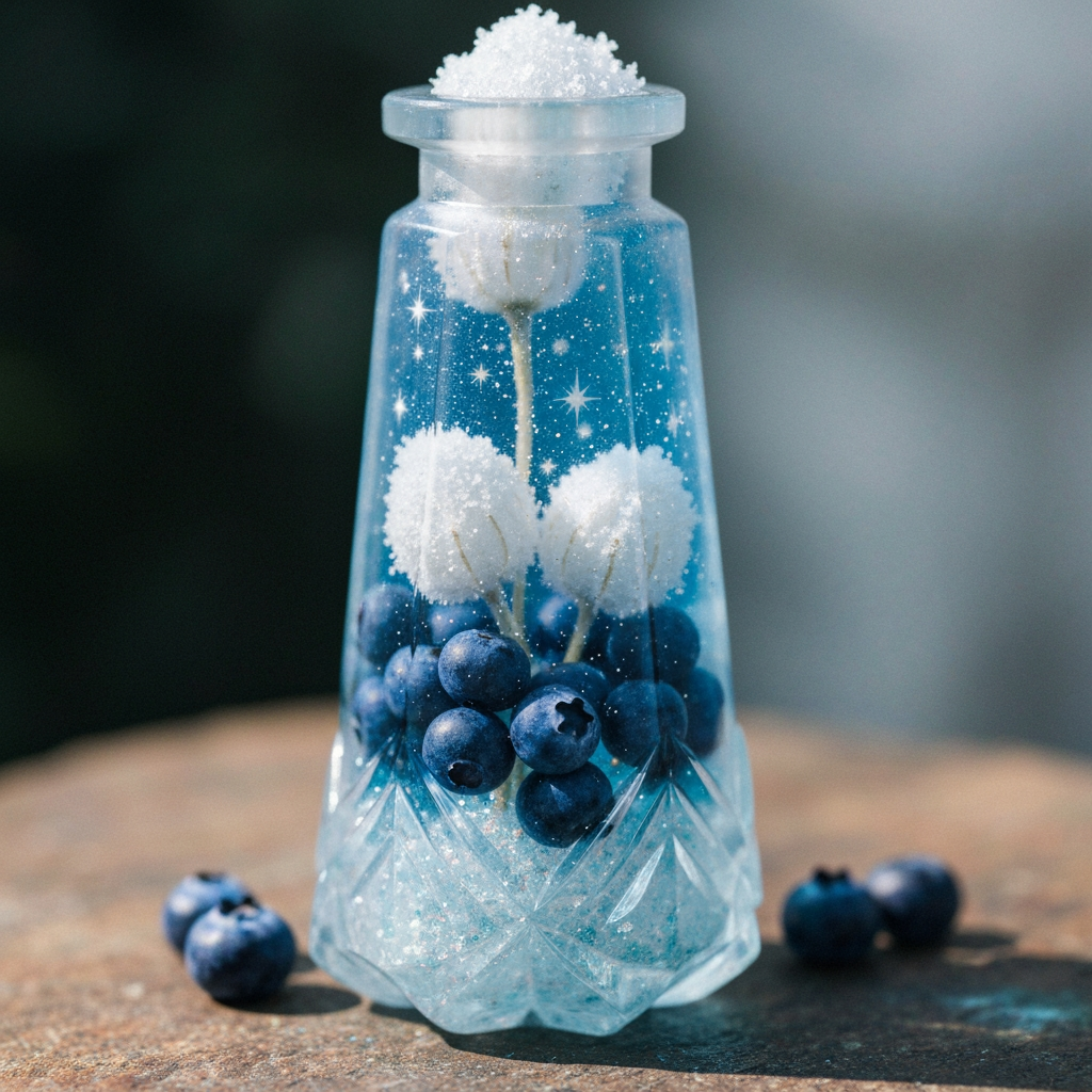 AI Design for Design a cooling potion for a cat fantasy kind of series that is like blue white glittery and include some cool berries along some like Icy flower pod